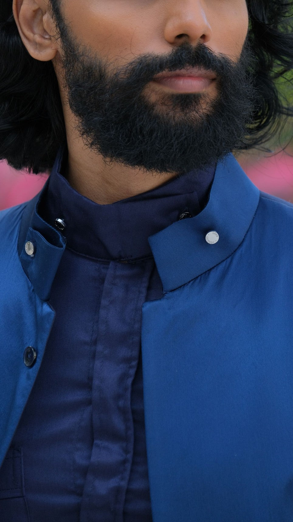 Navy Silk Panel Jacket x Beige Cotton Sarong