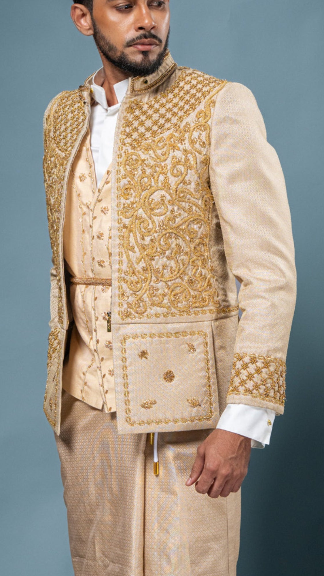 LOVI Gold Nilame Jacket with Hand Embroidered Waistcoat & Sarong