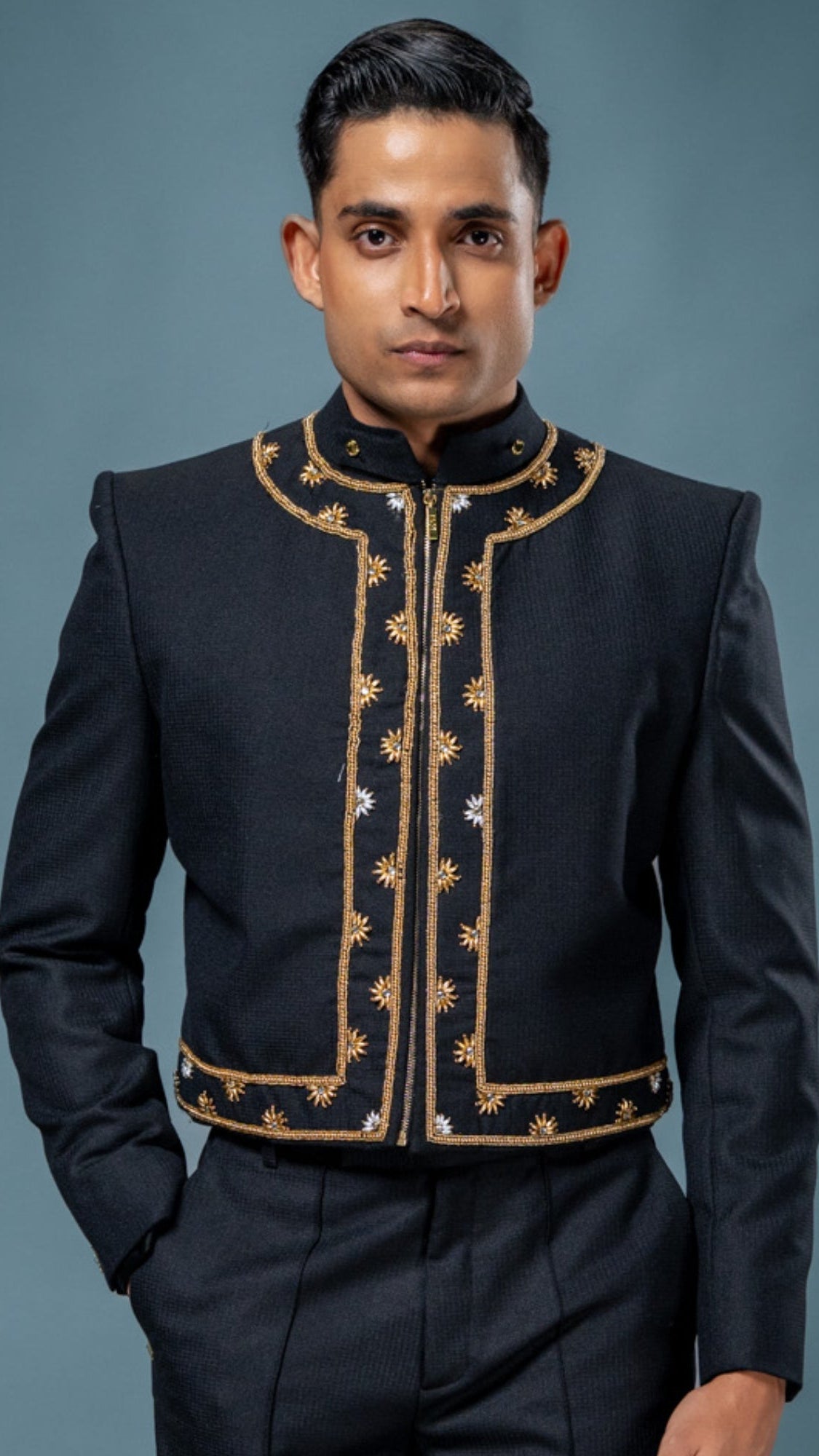 LOVI Hand Embroidered Black & Gold Short Nilame Jacket & Tux Pants