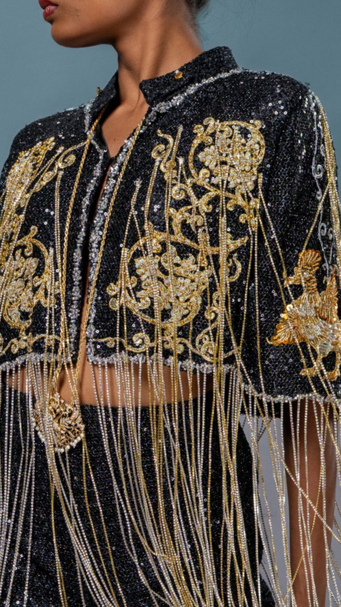 LOVI Black & Gold Modern Cape with Stones & Beads & Matching Pant