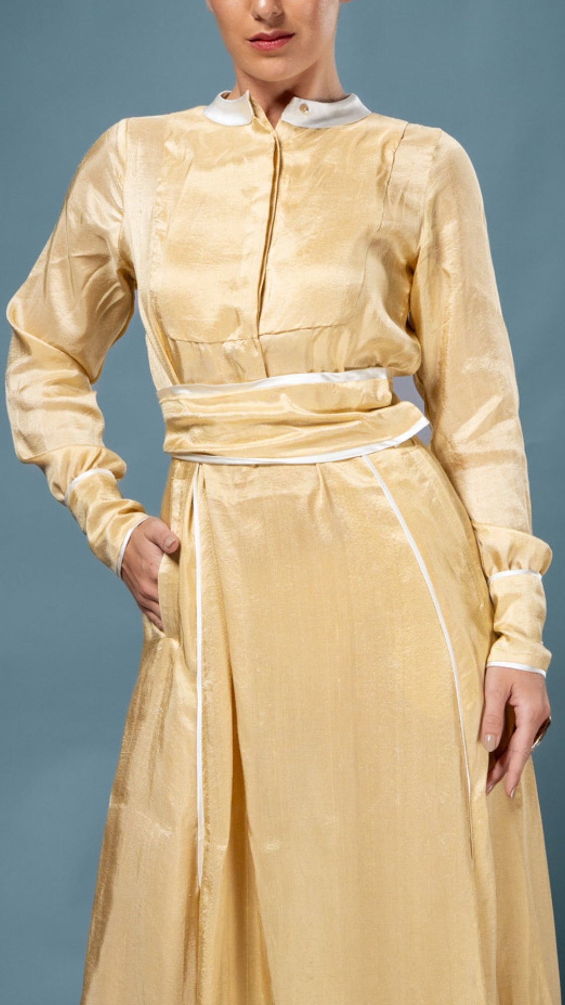 LOVI Gold Modern Kaftan Dress with White Piping Details