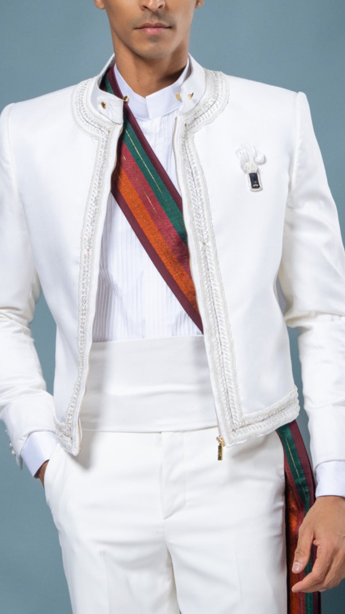 LOVI White Short Modern Nilame Jacket with Handmade Mini Lotus & Tux Pant