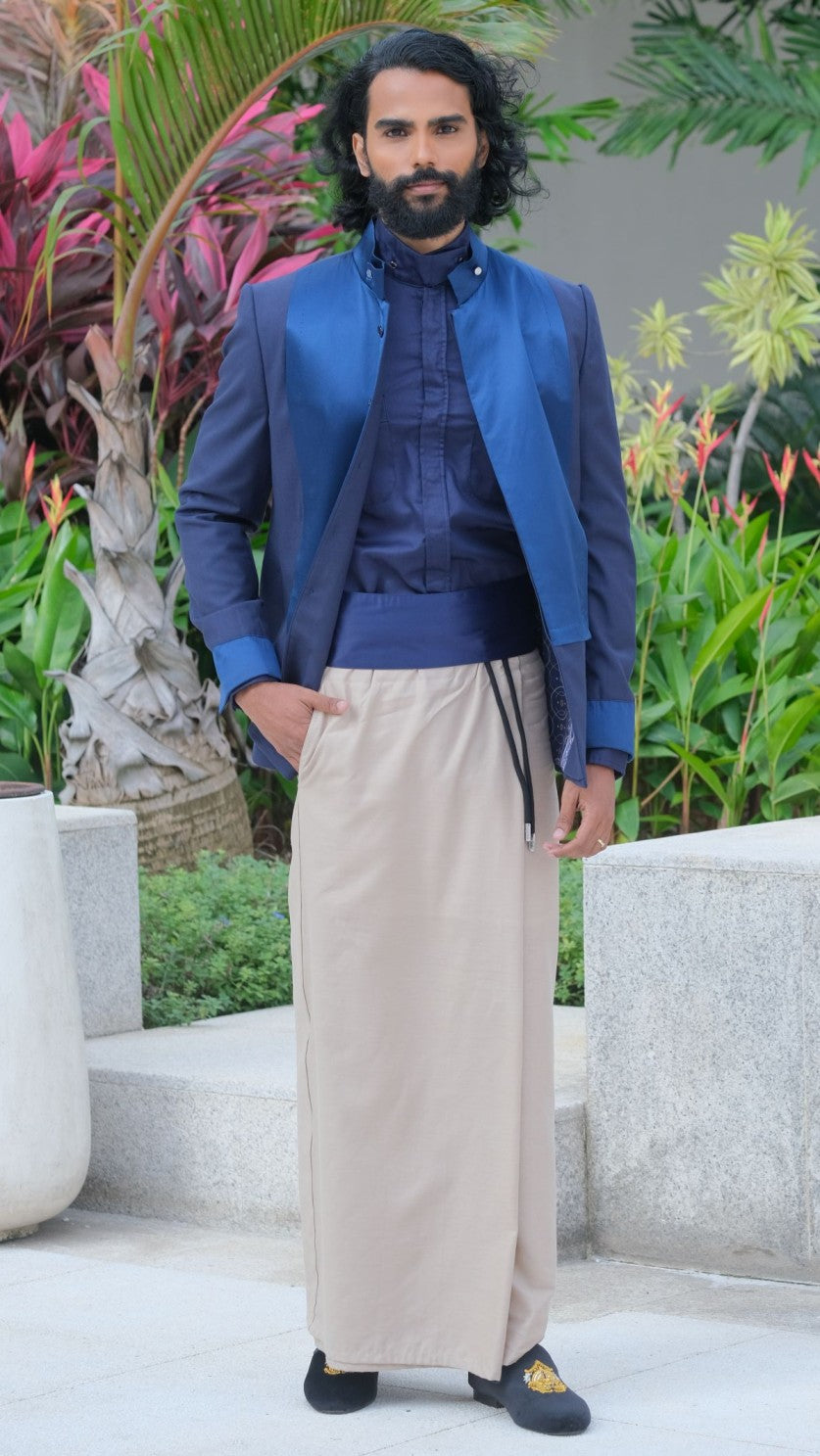 Navy Silk Panel Jacket x Beige Cotton Sarong