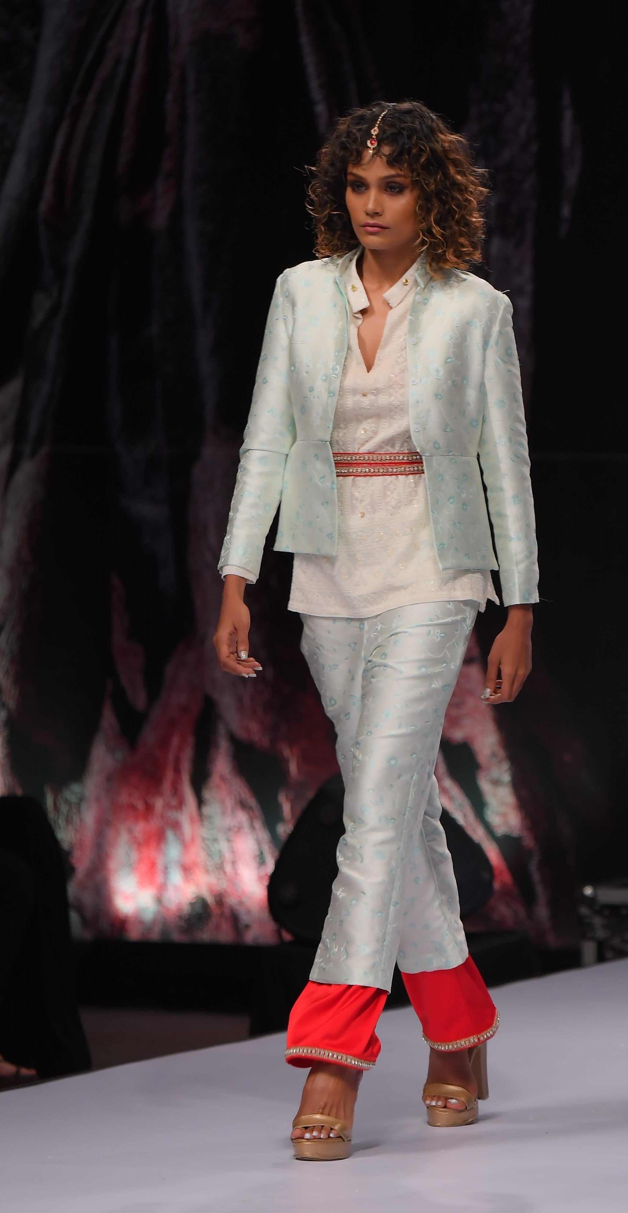 Blue Floral Women's Jacket, White Lace Women's Blouse and Blue Floral Women's Pants