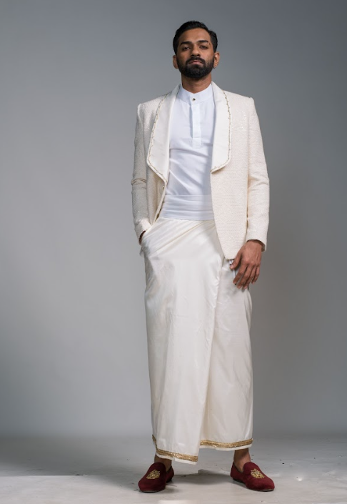 Hand Embroidered Tuxedo Jacket and Golden Bordered Rayon Sarong