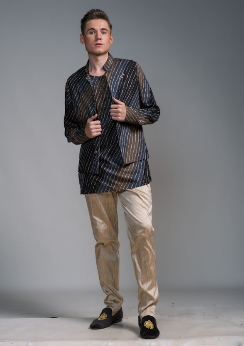 Hand embroidered Kurtha Shirt and Kurtha Vest with Raw Silk Pants