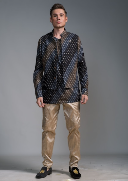 Hand embroidered Kurtha Shirt and Kurtha Vest with Raw Silk Pants