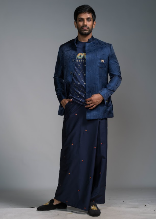 Navy Blue Hand Embroidered Jacket And Unity Tab Sarong