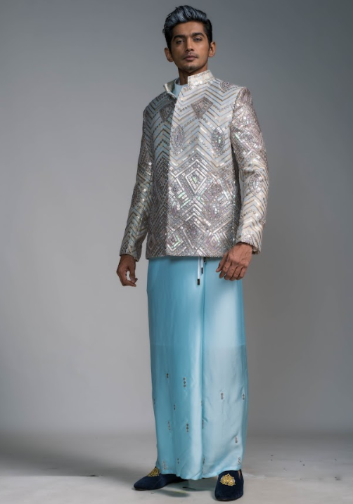 Blue Embroidered Tuxedo Jacket and Blue Silk Embroidered Men's Sarong
