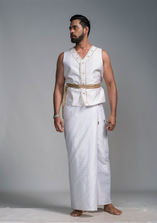 White Hand Embroidered Men’s Nilame Style Jacket and Vest with White Embroidered Men’s Sarong