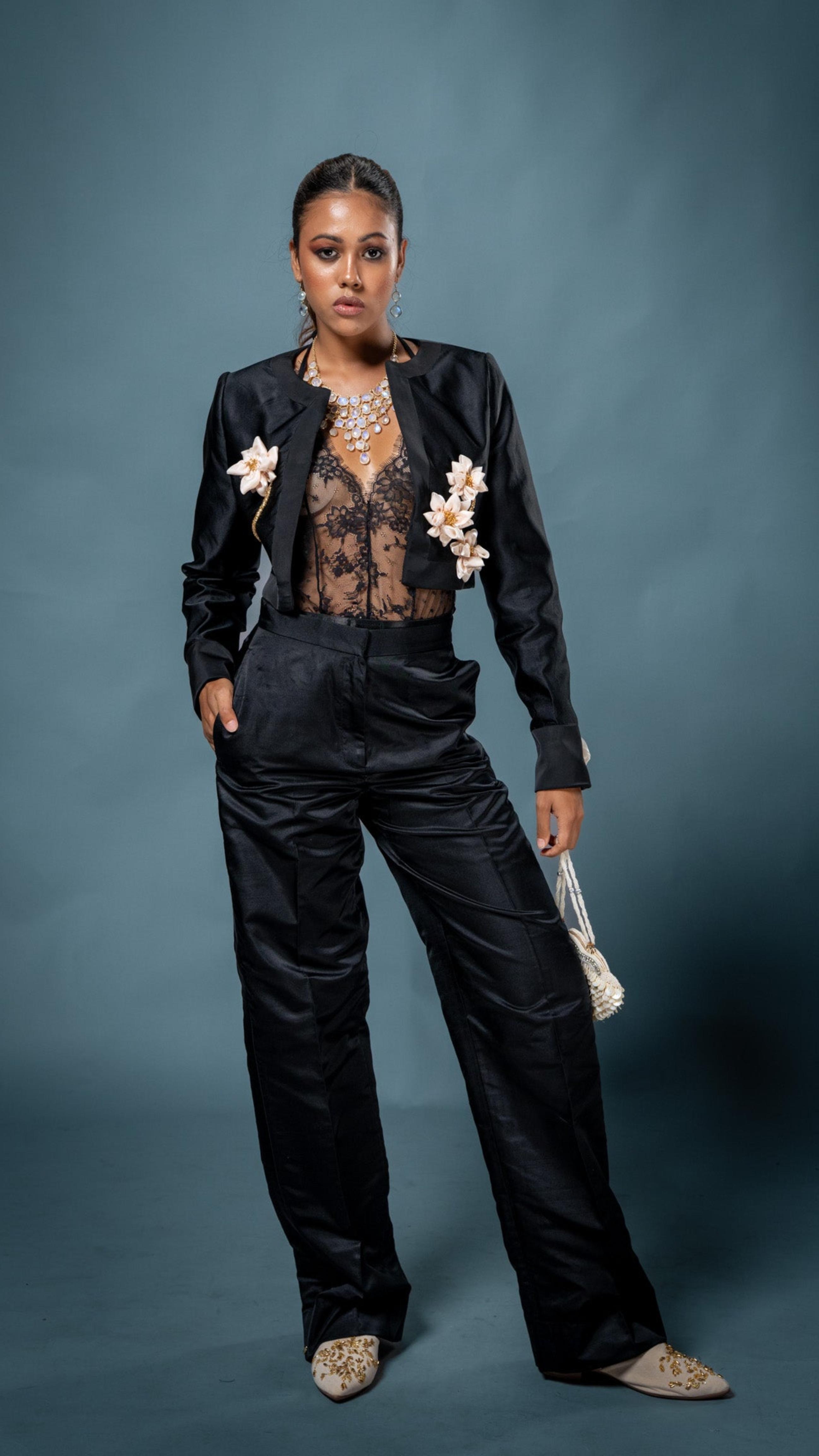 LOVI Black Short Manike Jacket with Handmade Lotus Flowers & Tux Pant