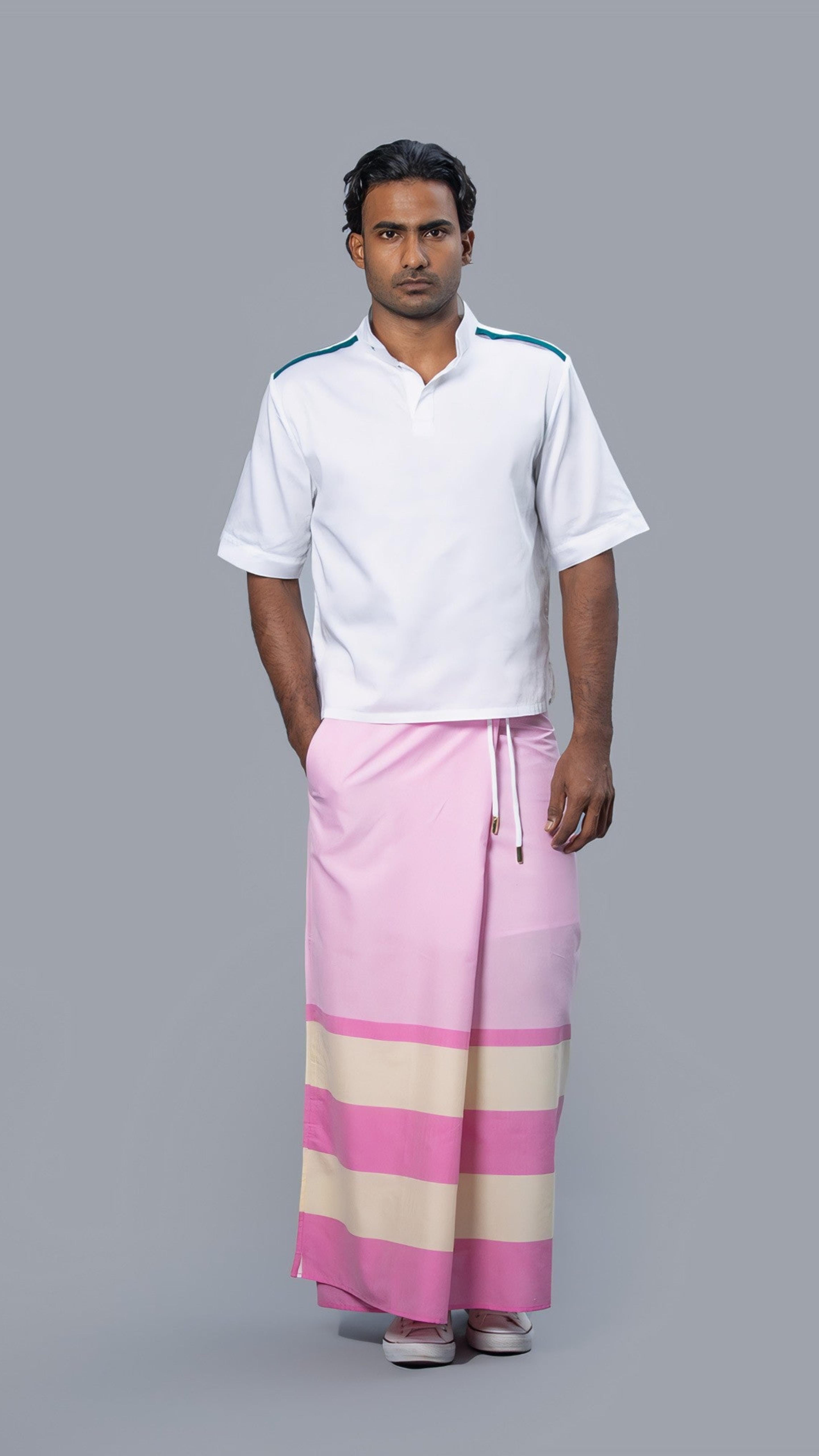 Rugby Sarong. Pastel Pink With Dark Pink & Pastel Yellow Stripes