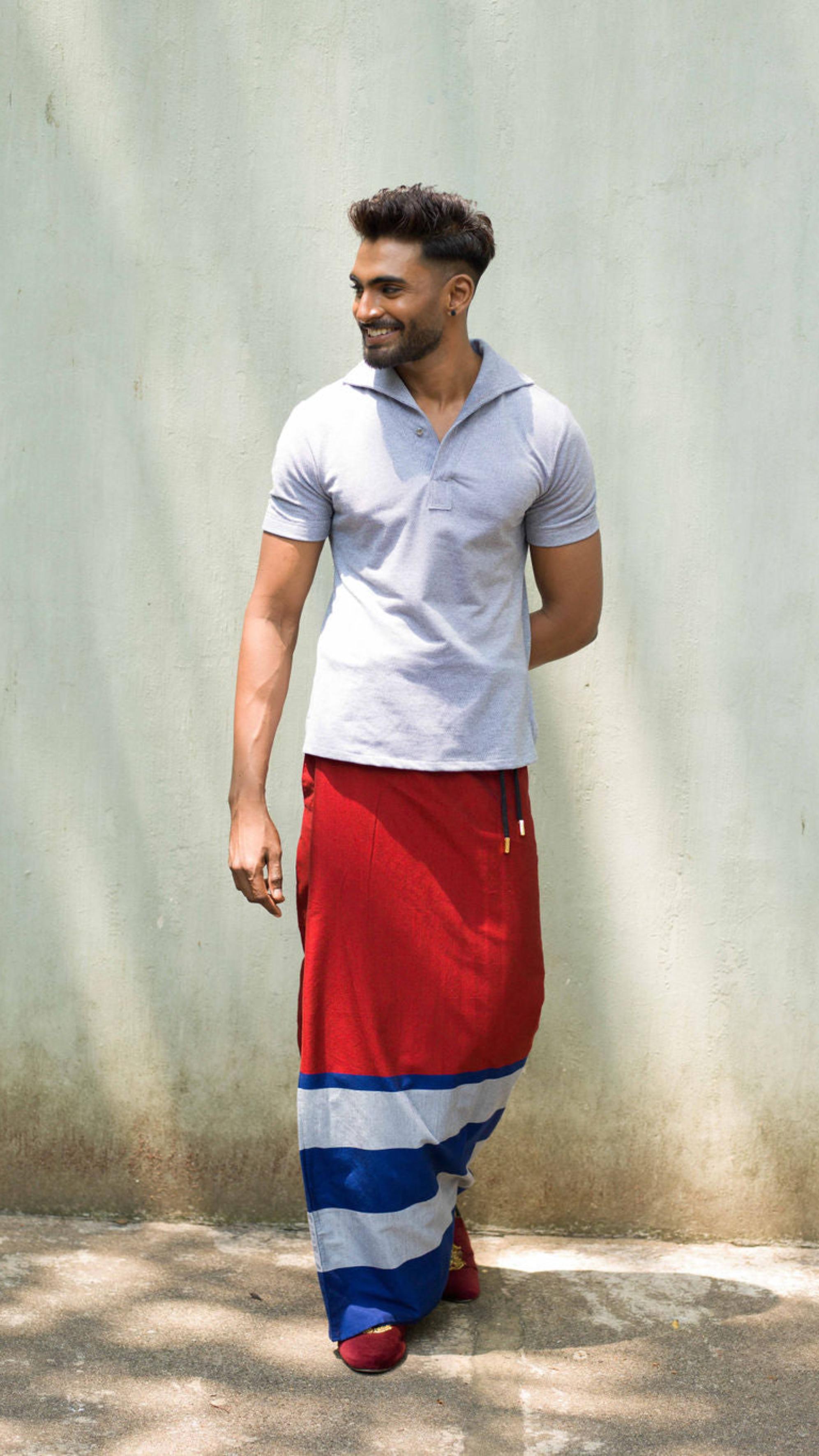 Rugby Sarong in Red with Navy Blue & Silver stripes
