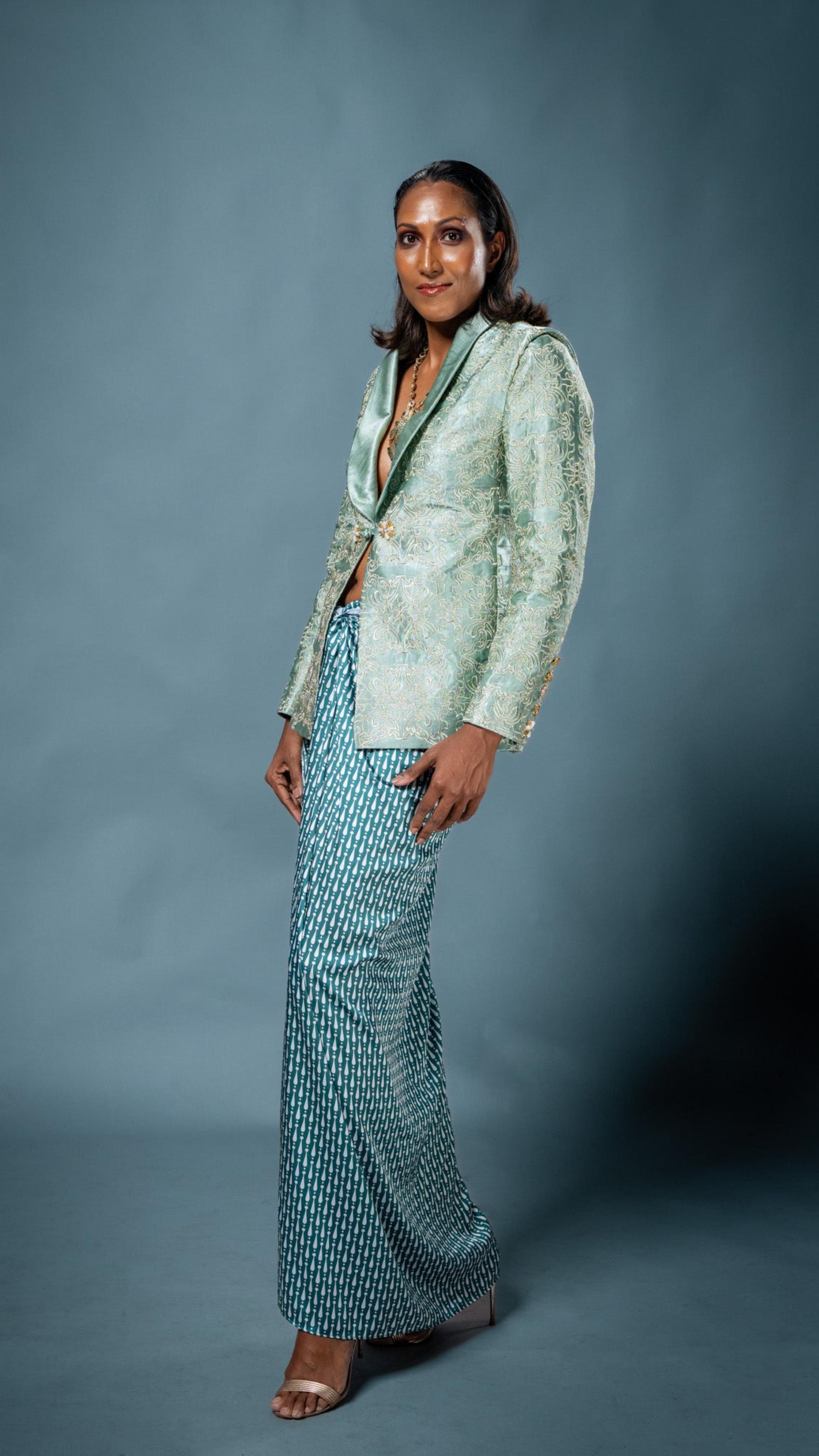 LOVI Embroidered Shawl Collar Blazer & Celestial Garden Printed Wrap