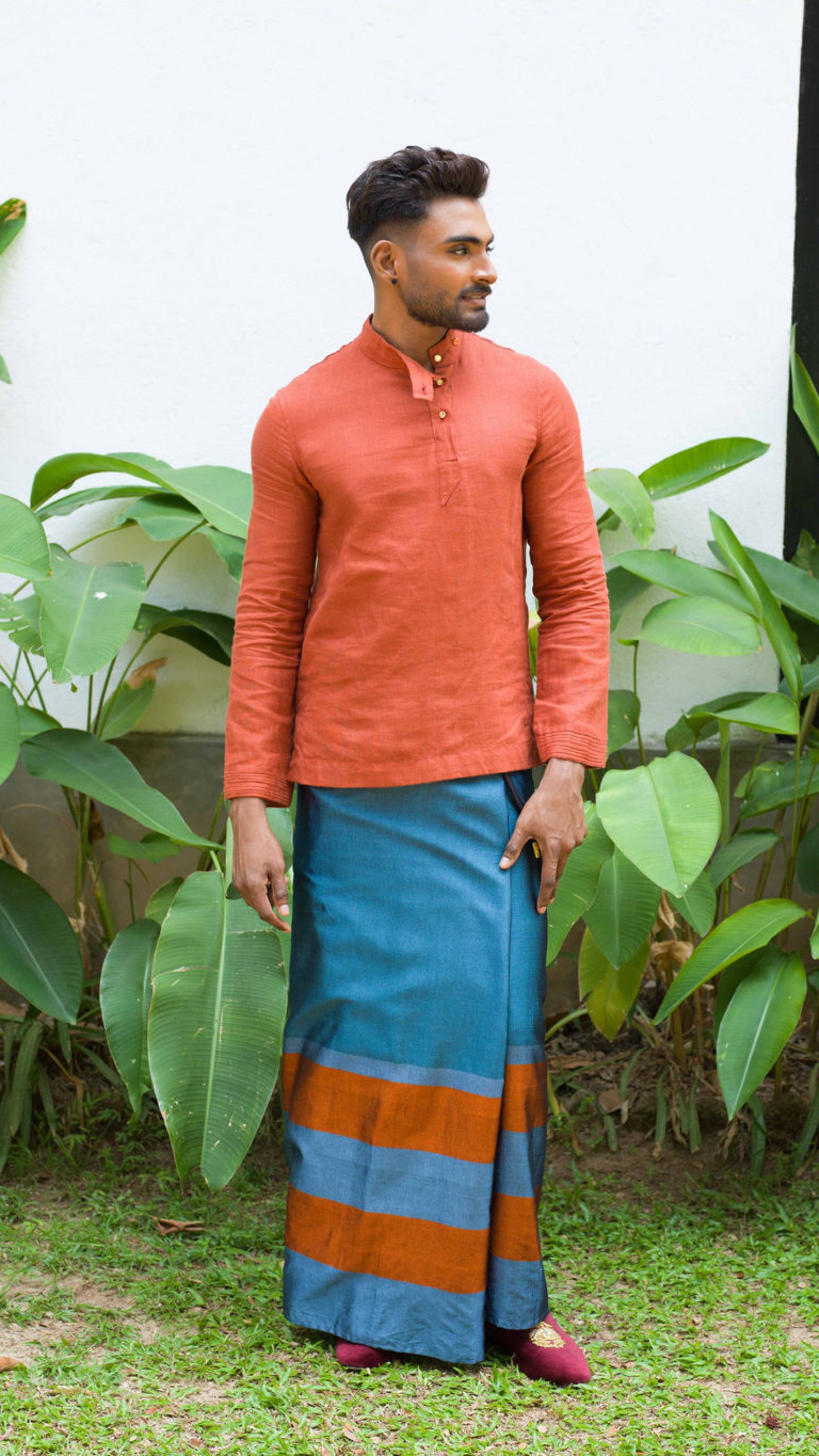 Rugby Sarong in Aqua blue with Burnt Orange and light Blue stripes