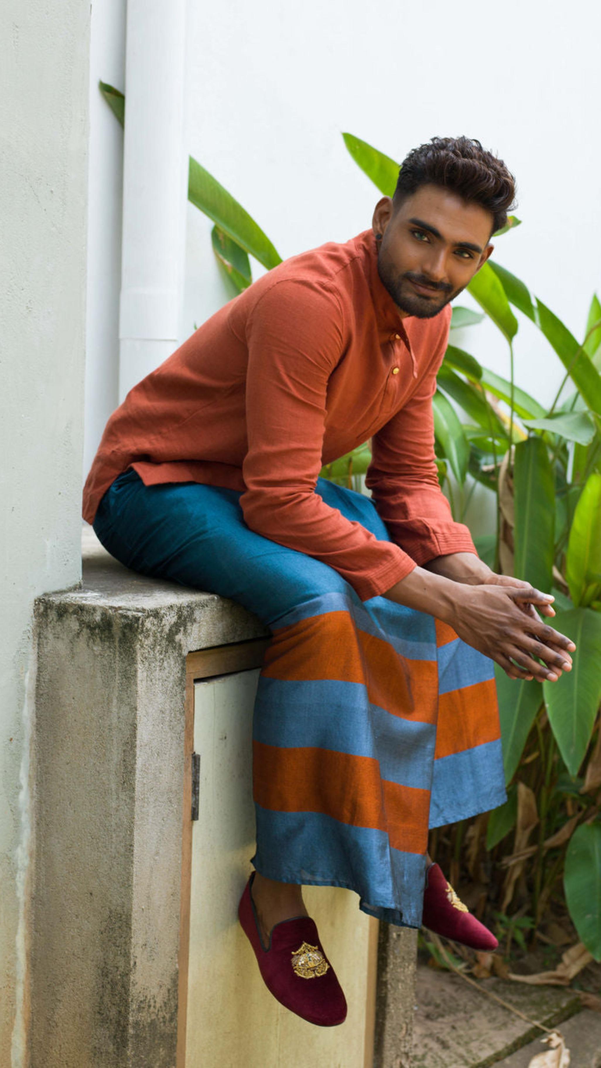 Rugby Sarong in Aqua blue with Burnt Orange and light Blue stripes