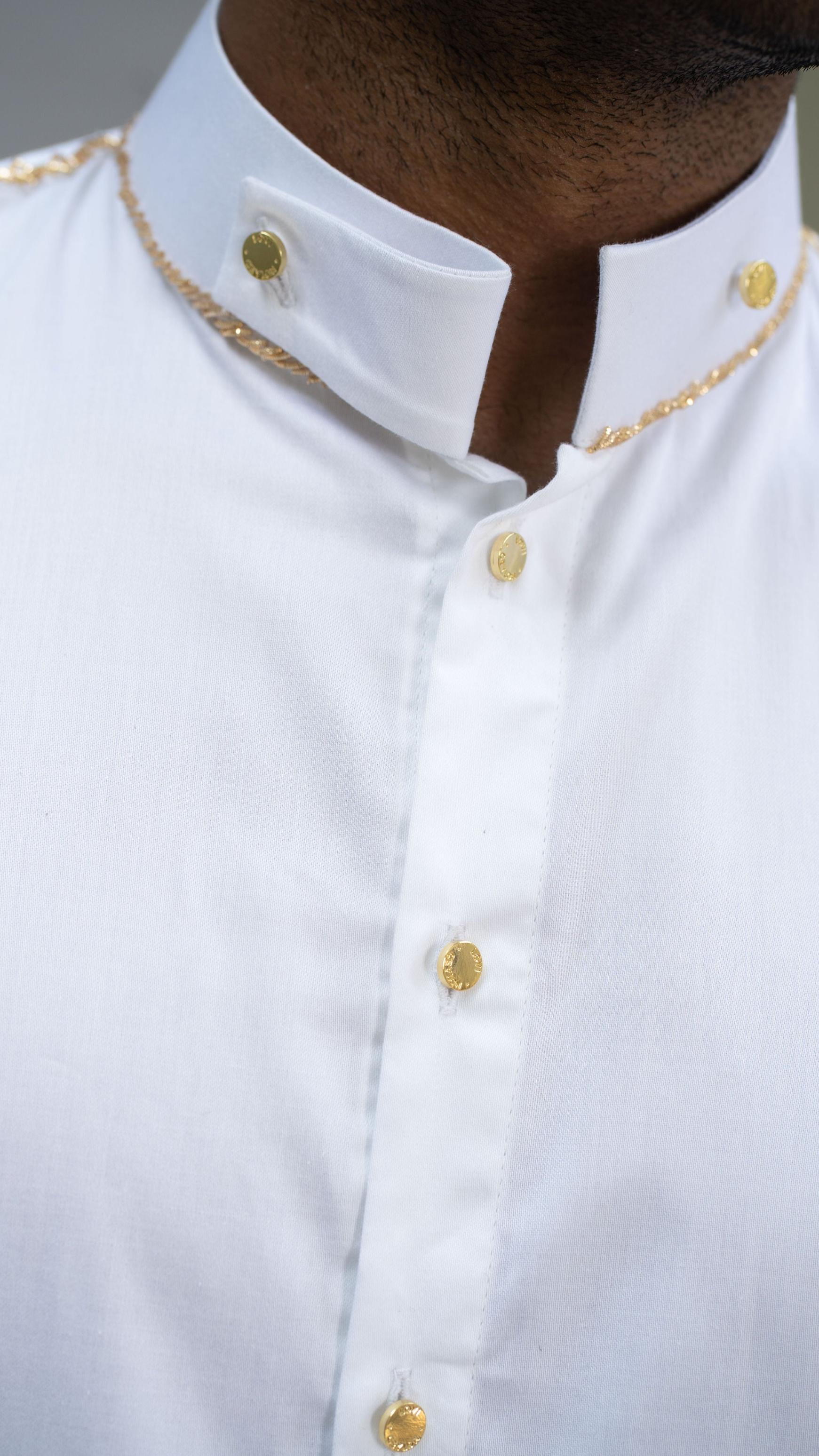 LOVI White Cotton Long-Sleeve Sport Shirt with Hand Embroidery