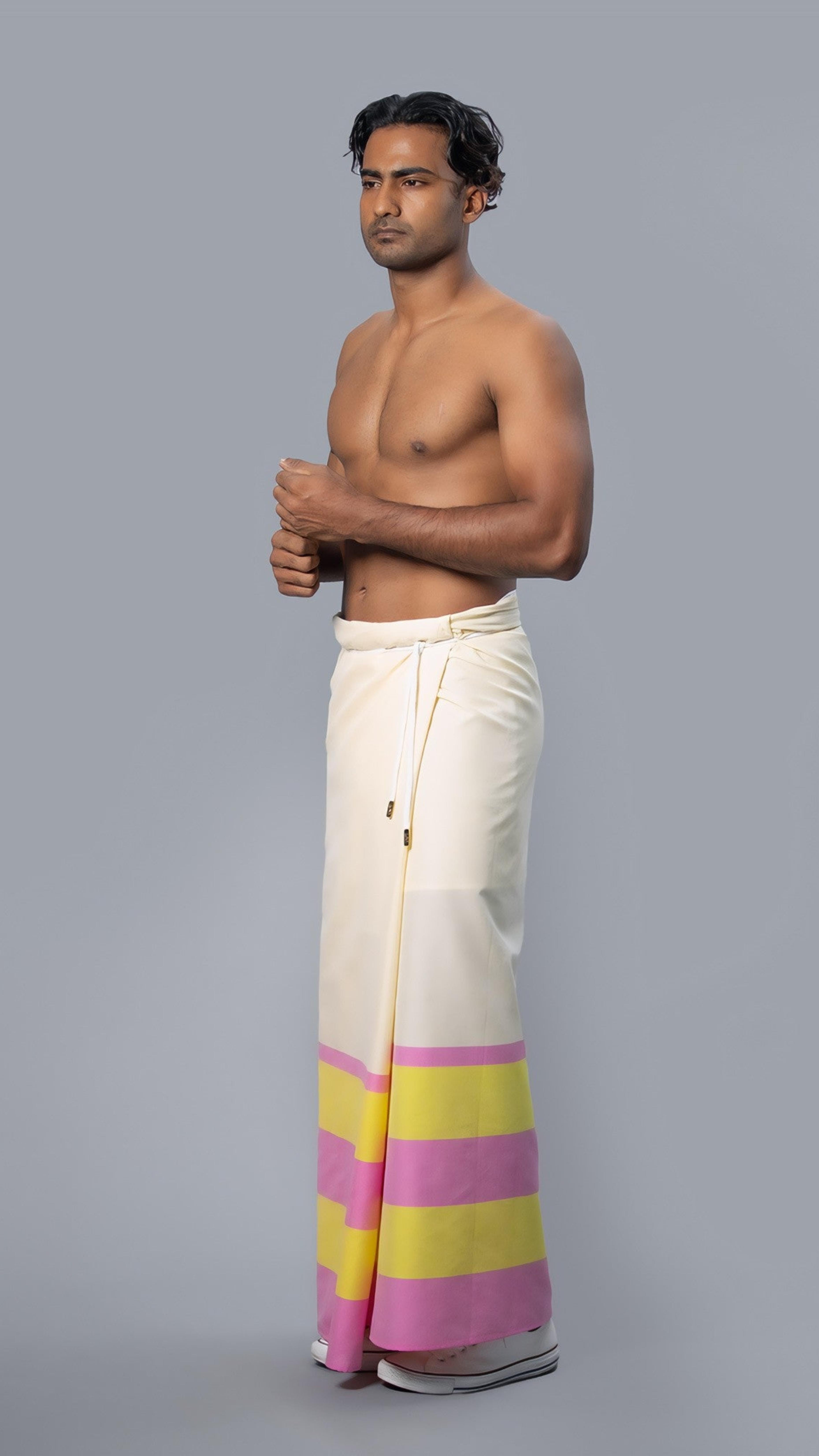 Rugby Sarong. Pastel Yellow With Dark Pink & Dark Yellow Stripes