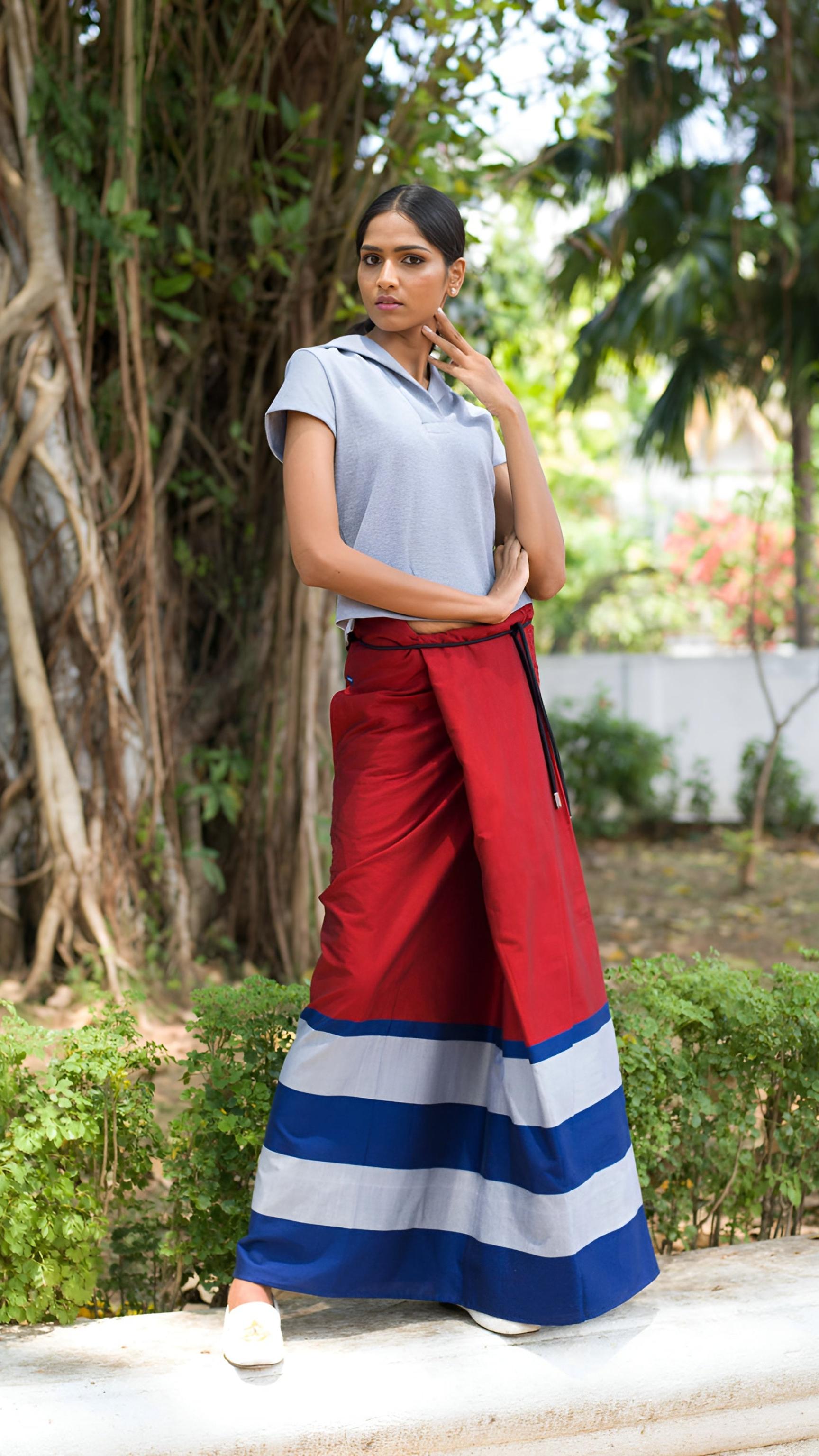 Rugby Sarong in Red with Navy Blue & Silver