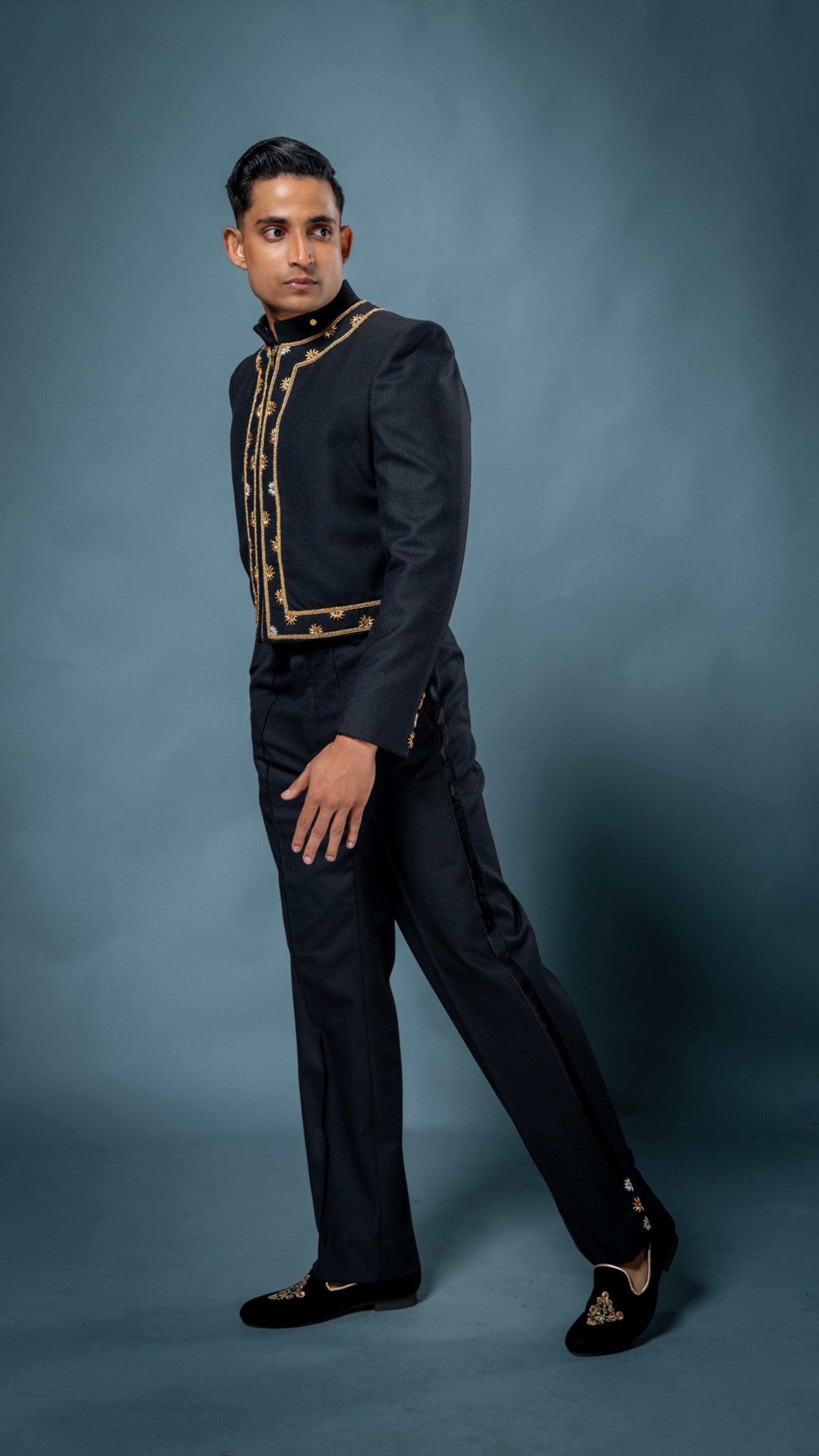 LOVI Hand Embroidered Black & Gold Short Nilame Jacket & Tux Pants