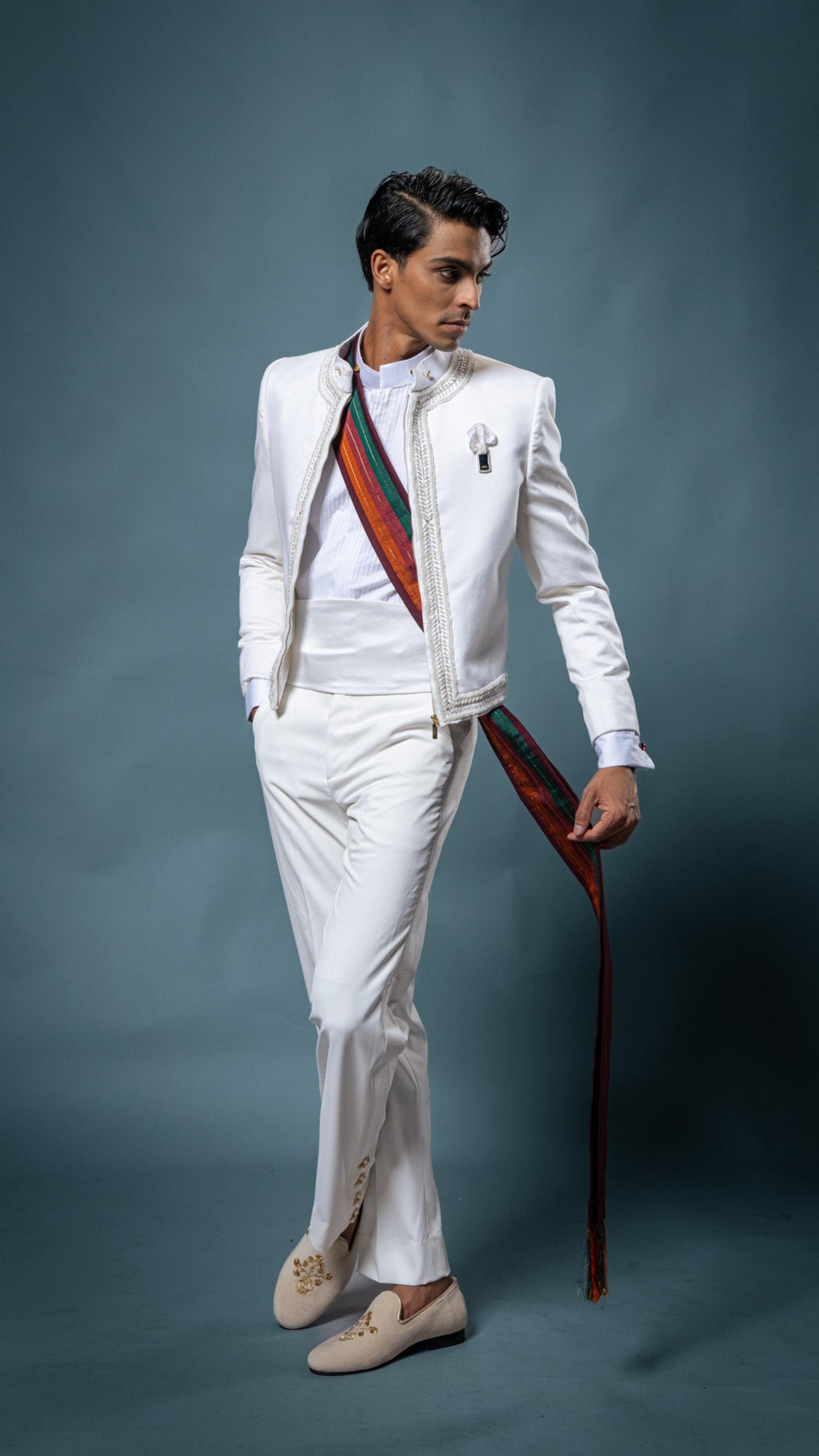 LOVI White Short Modern Nilame Jacket with Handmade Mini Lotus & Tux Pant