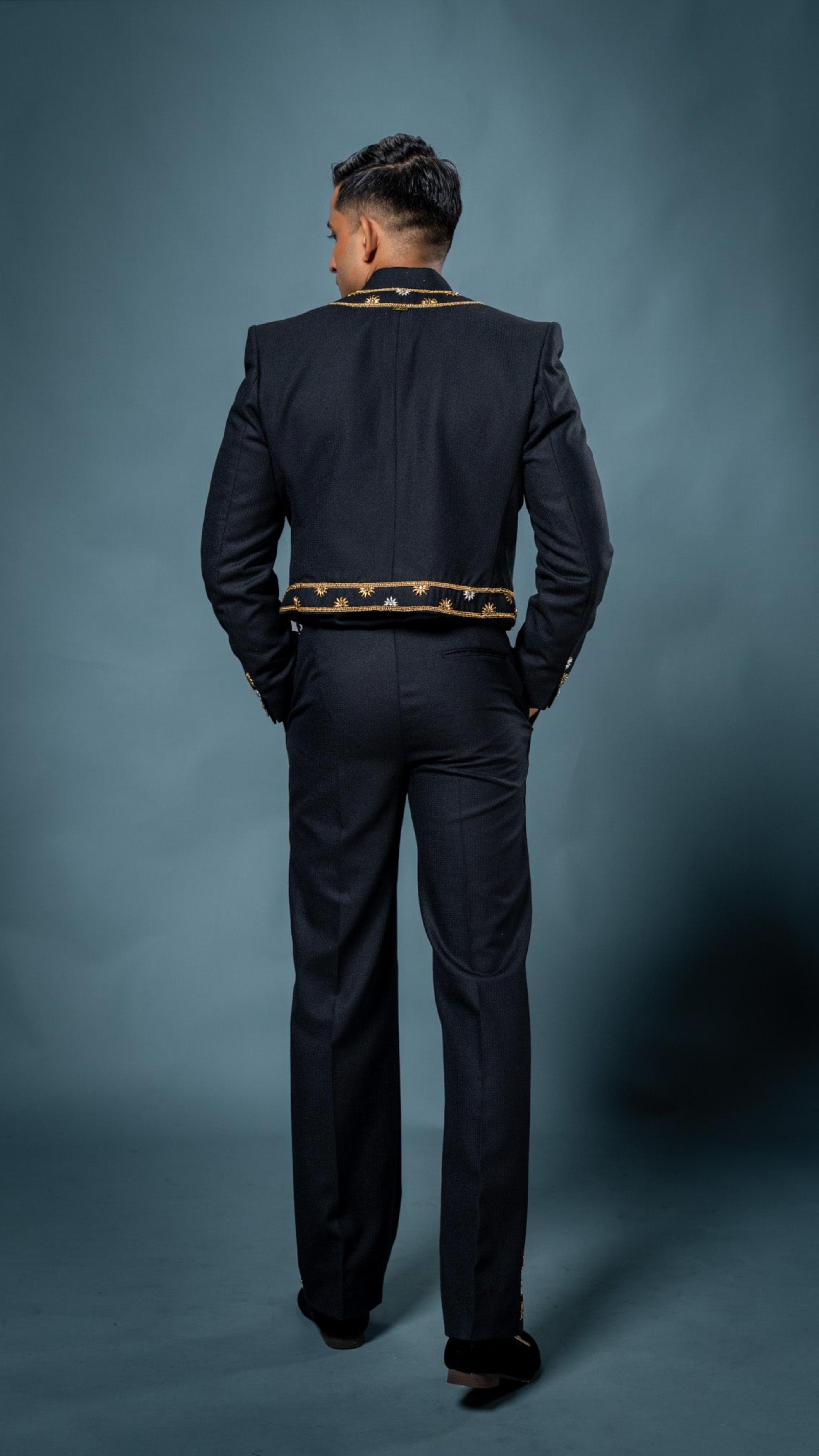 LOVI Hand Embroidered Black & Gold Short Nilame Jacket & Tux Pants