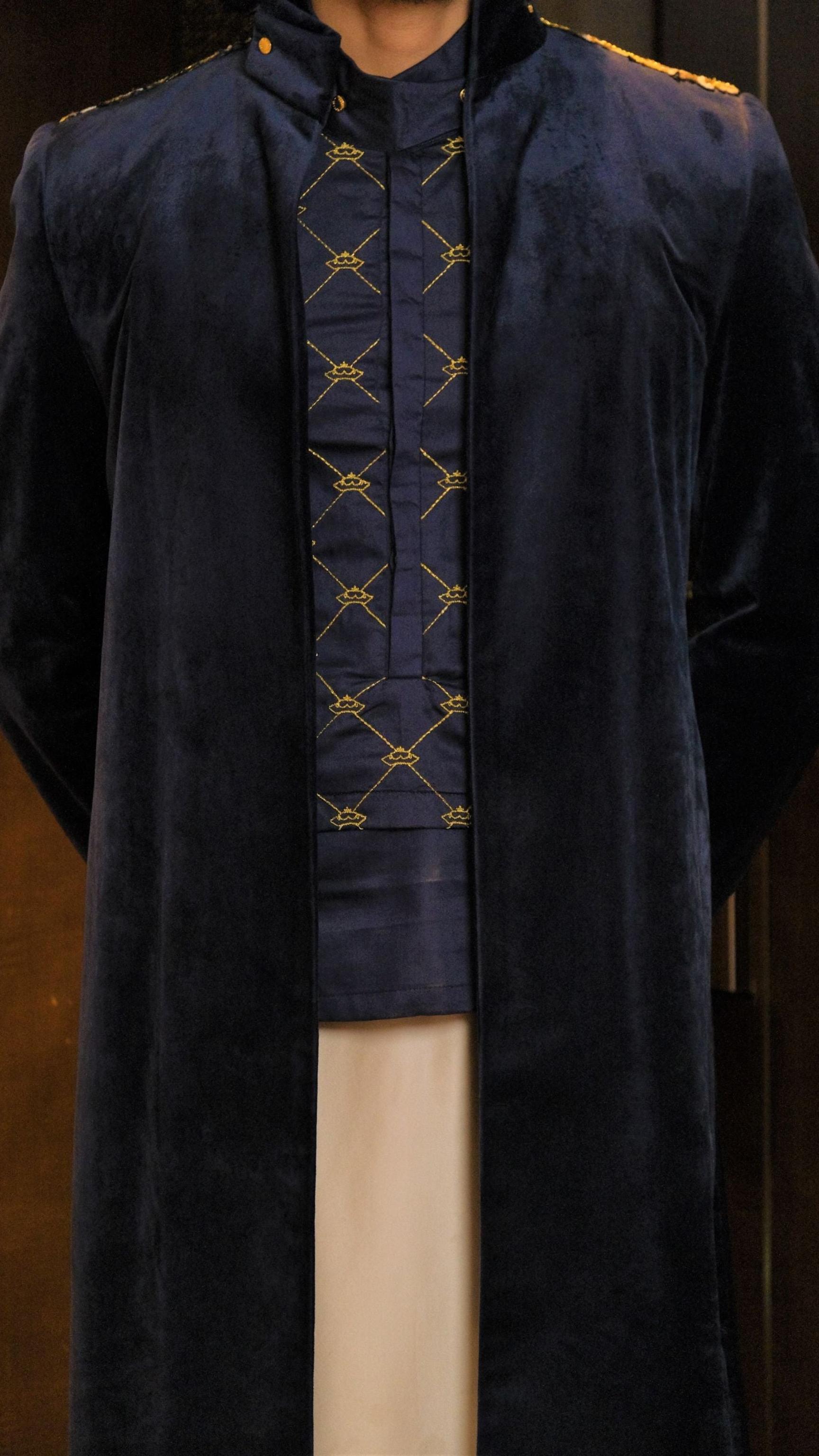 Navy Velvet Jacket with Crown Panel Shirt & Beige Silk Sarong