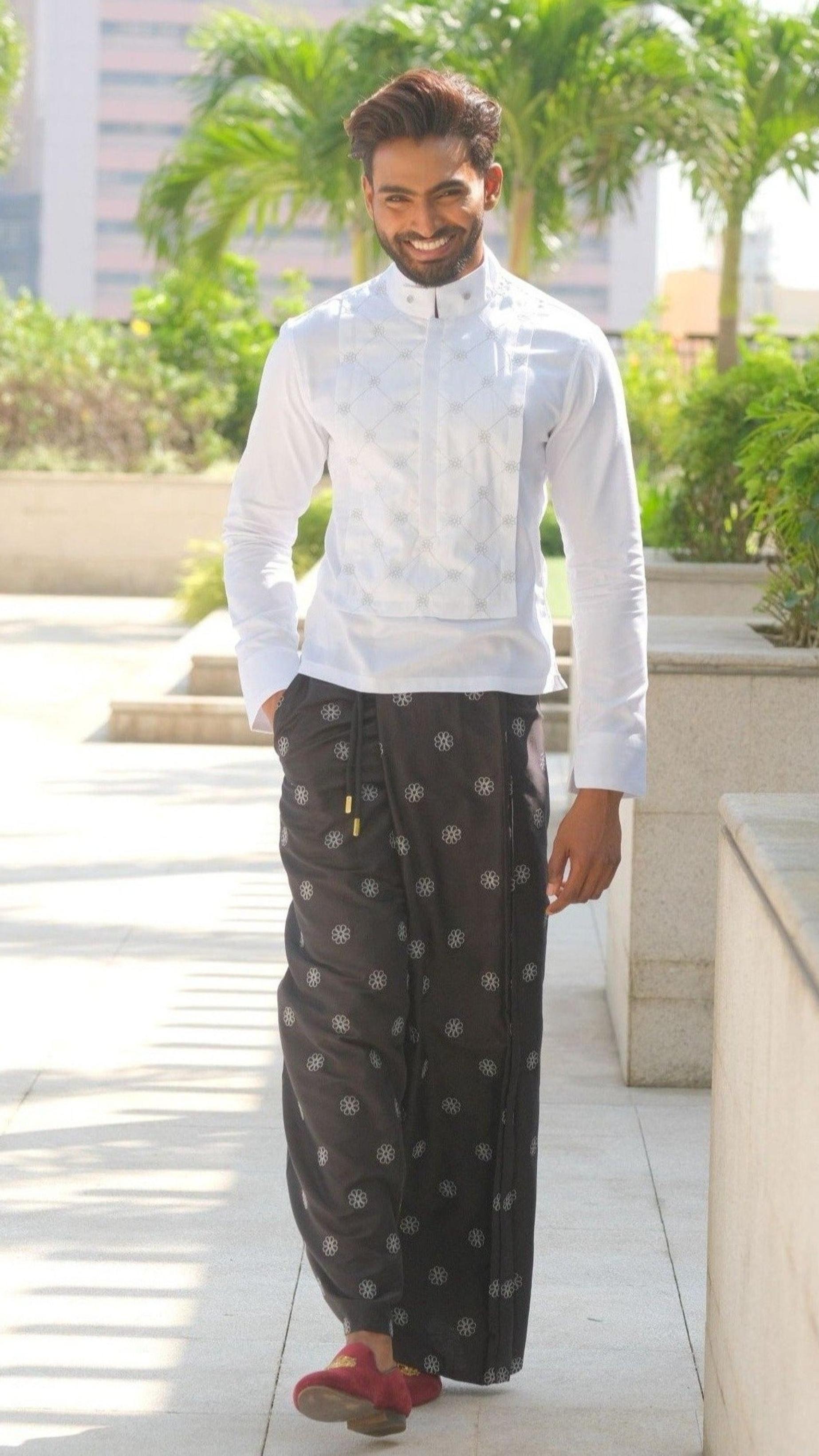 Black Full Embriodered Sal Mal Cotton Sarong & Cotton Admiral Sal Mal Panel Shirt