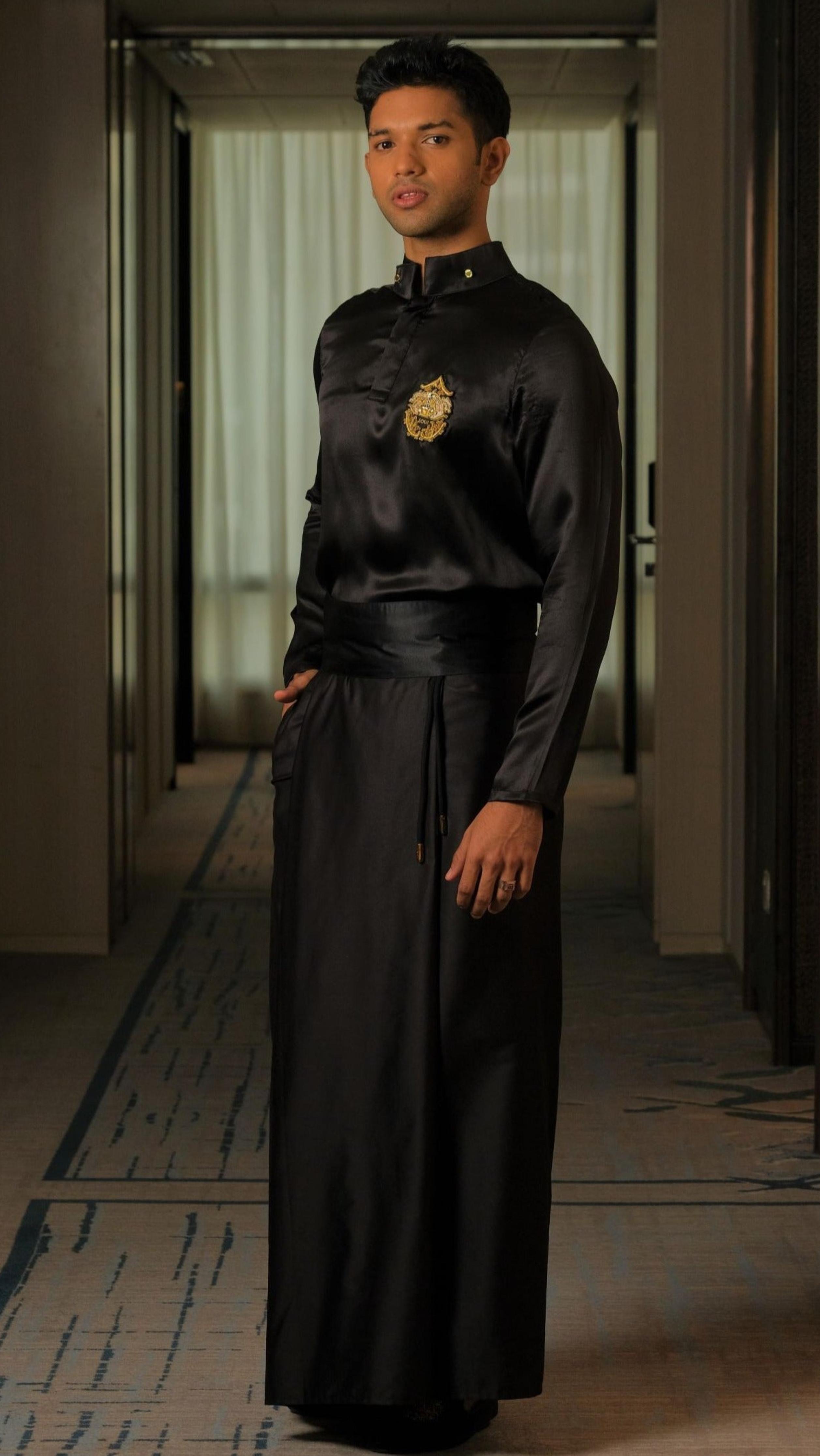 Crest Silk Shirt and Sarong in Black