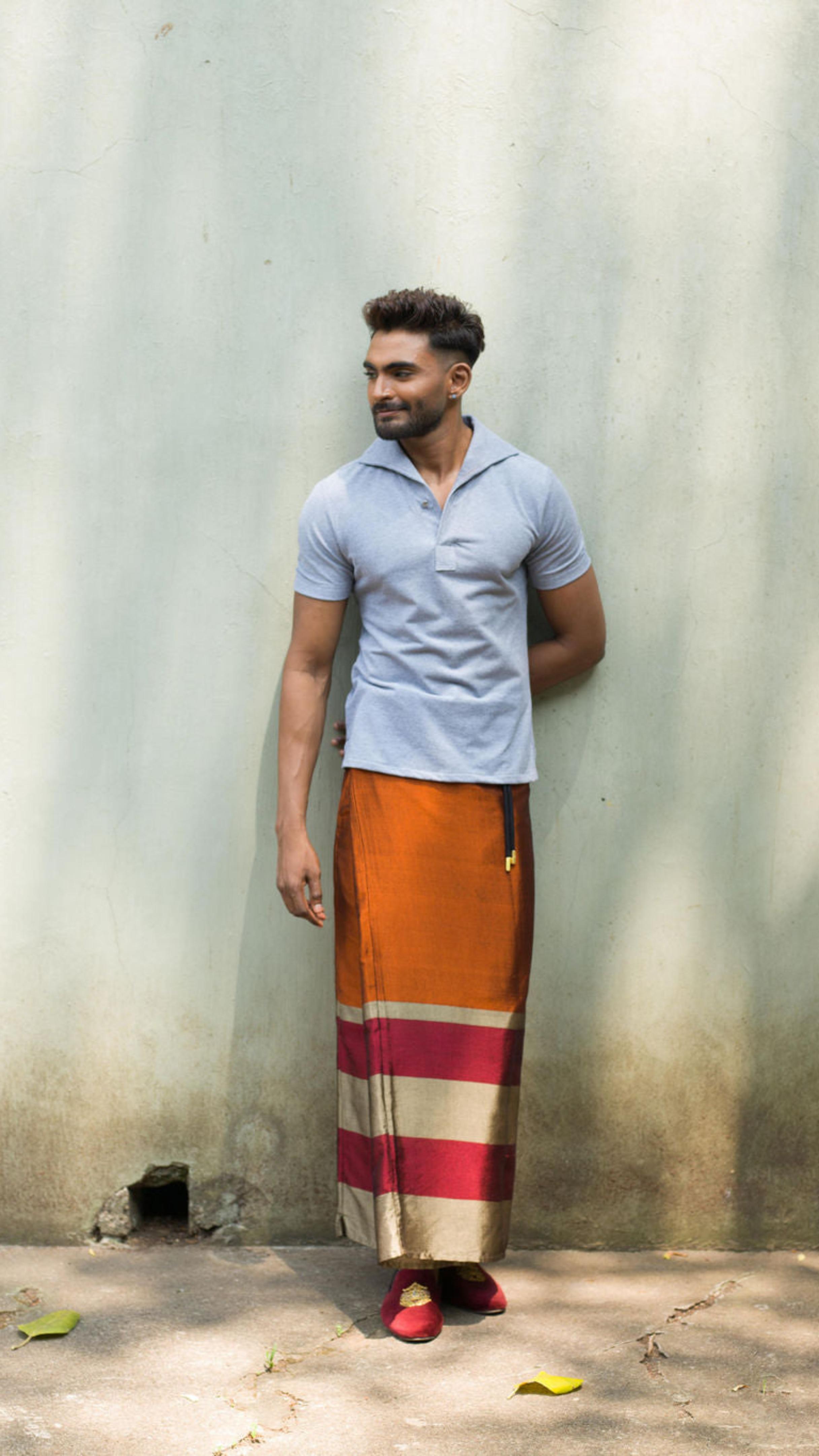 Rugby Sarong In Burnt Orange with Gold and Red Stripes