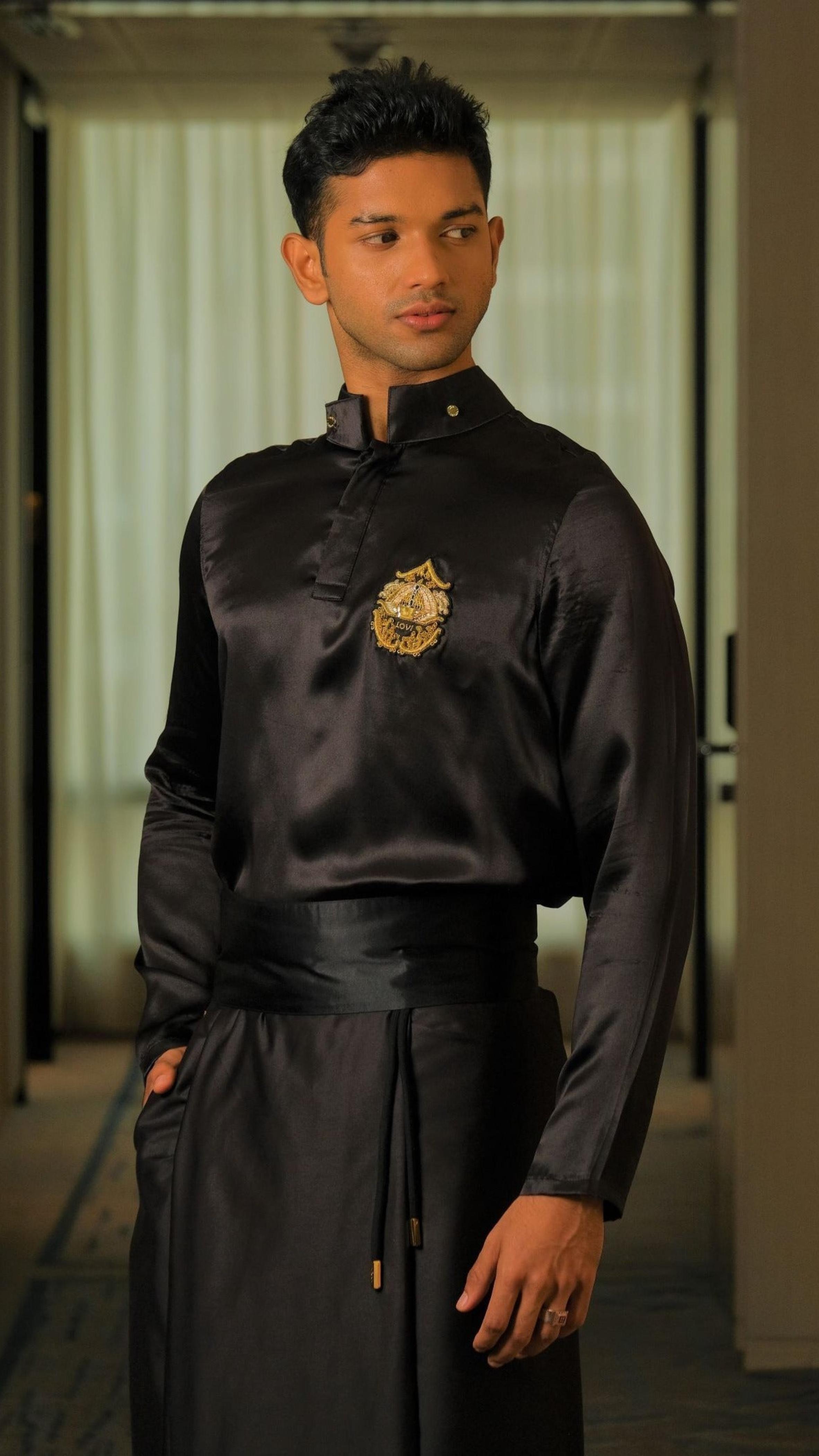 Crest Silk Shirt and Sarong in Black