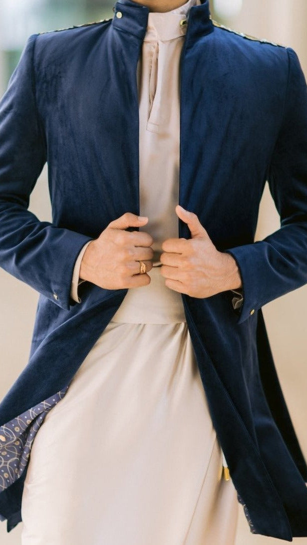 Beige Sri Lankan National x Navy Velvet Jacket
