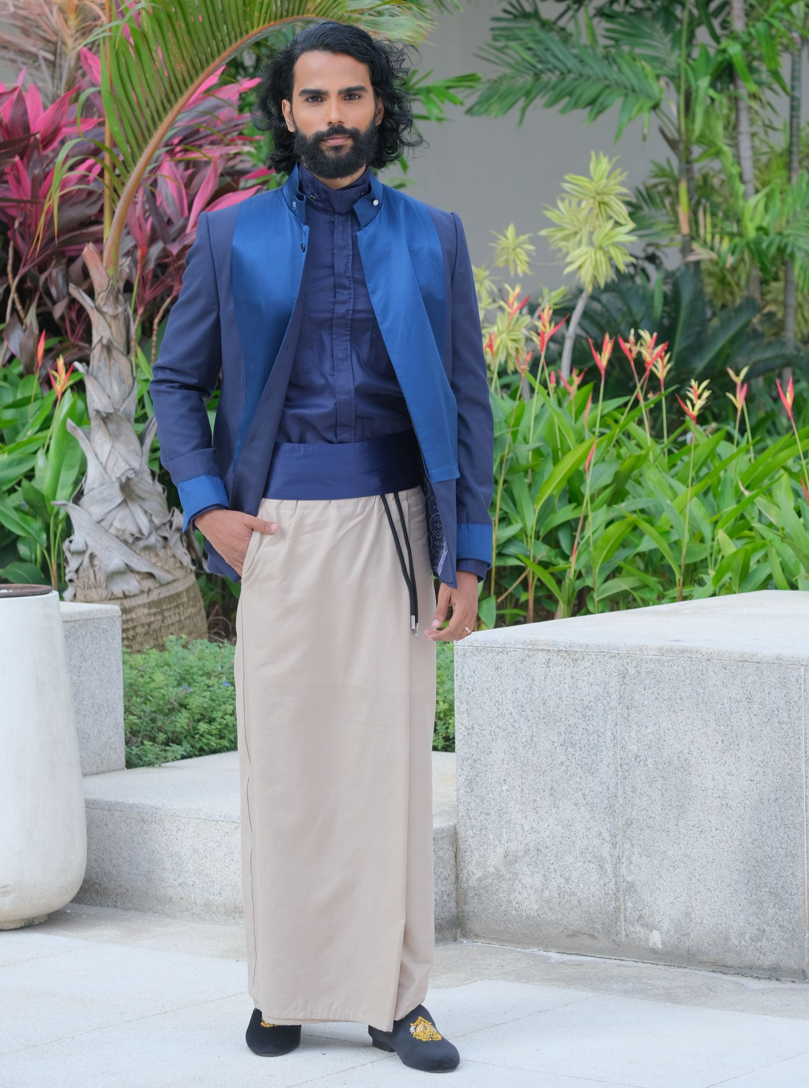 Navy Silk Panel Jacket x Beige Cotton Sarong