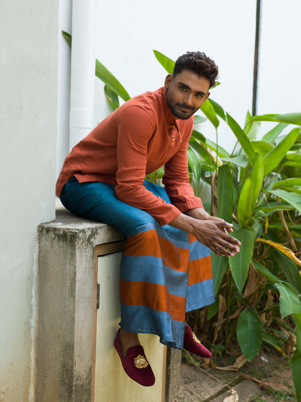 Rugby Sarong. Rayon Aqua blue with Burnt Orange and Sea Blue lines