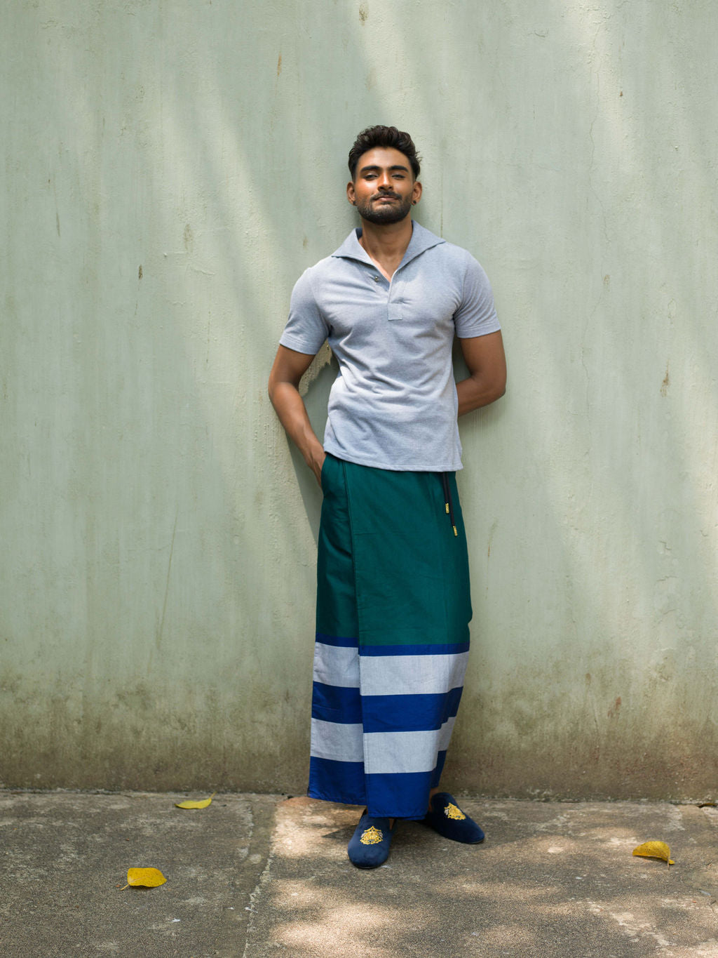 Rugby Sarong In Emerald with Navy and Silver lines