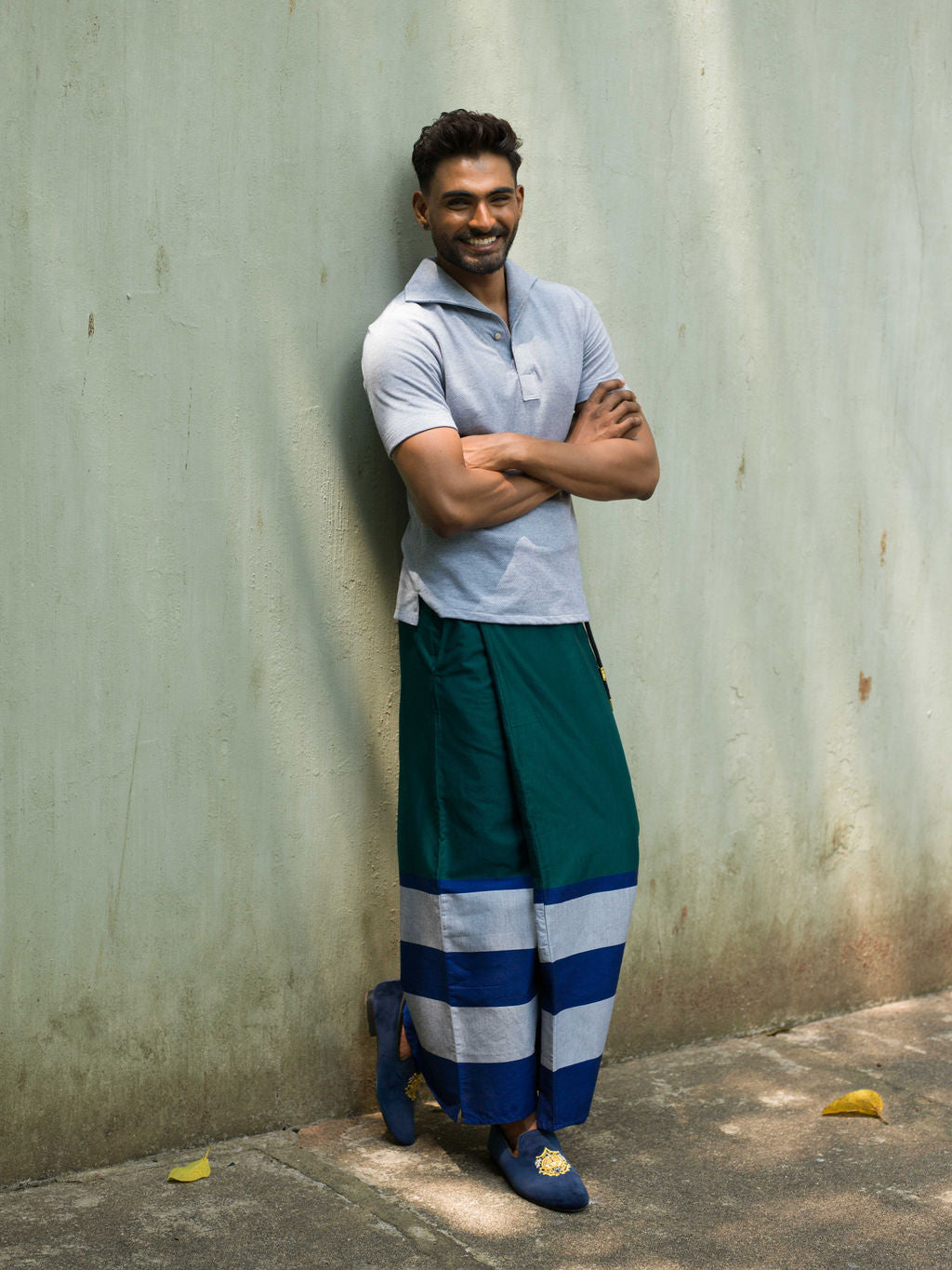 Rugby Sarong In Emerald with Navy and Silver lines