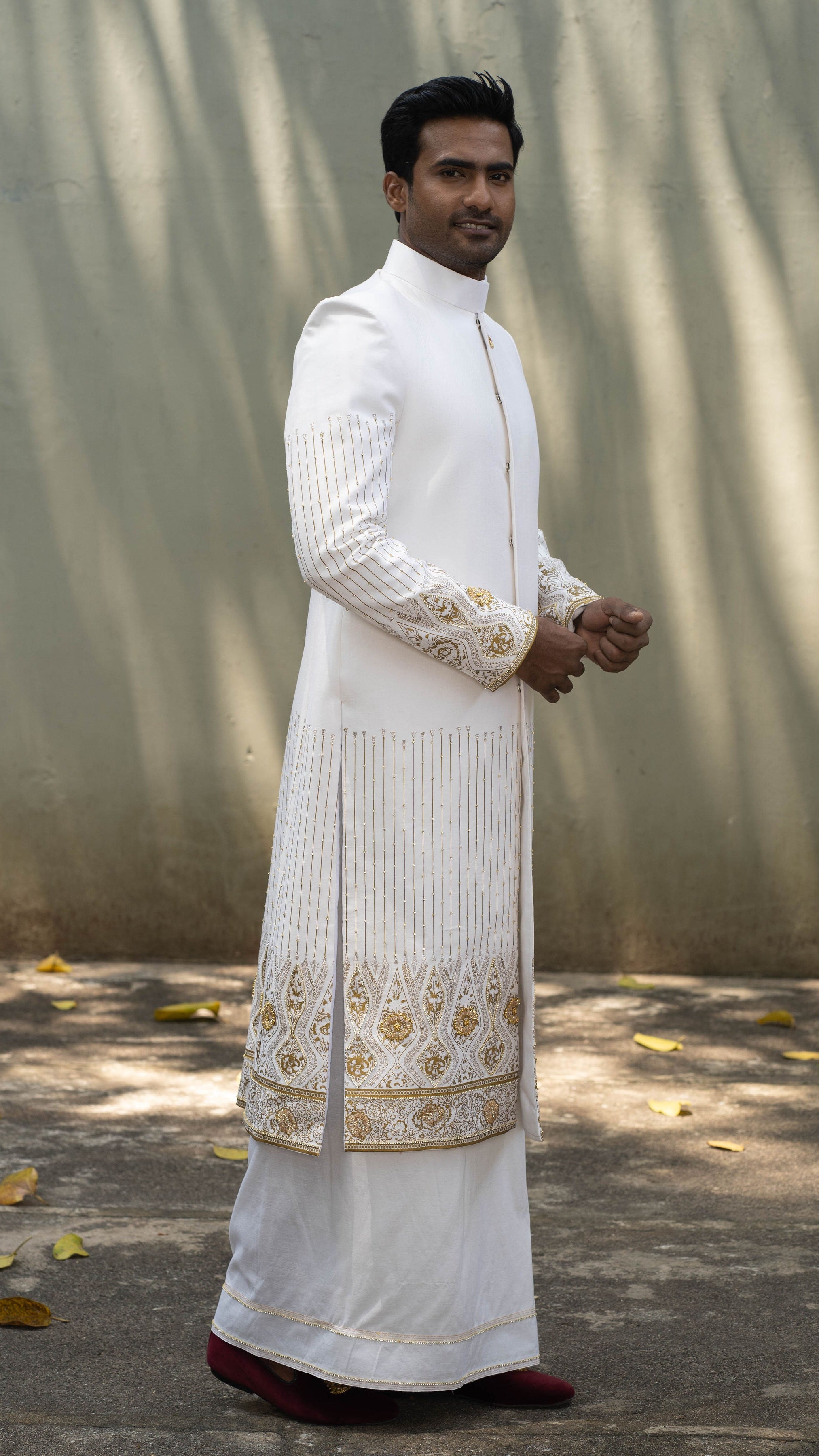 Printed Hand Embroidered Long Jacket with Hand Detailed Sarong