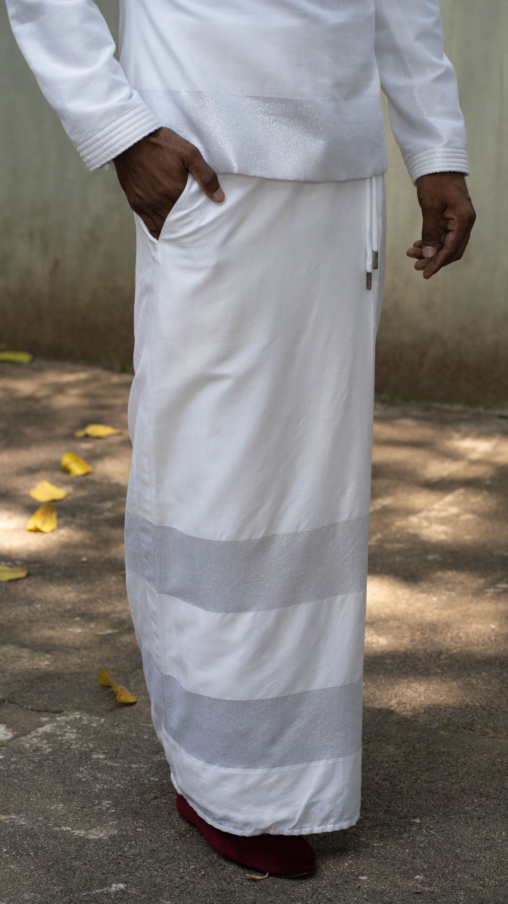 Nilame Sarong in White with Silver stripes