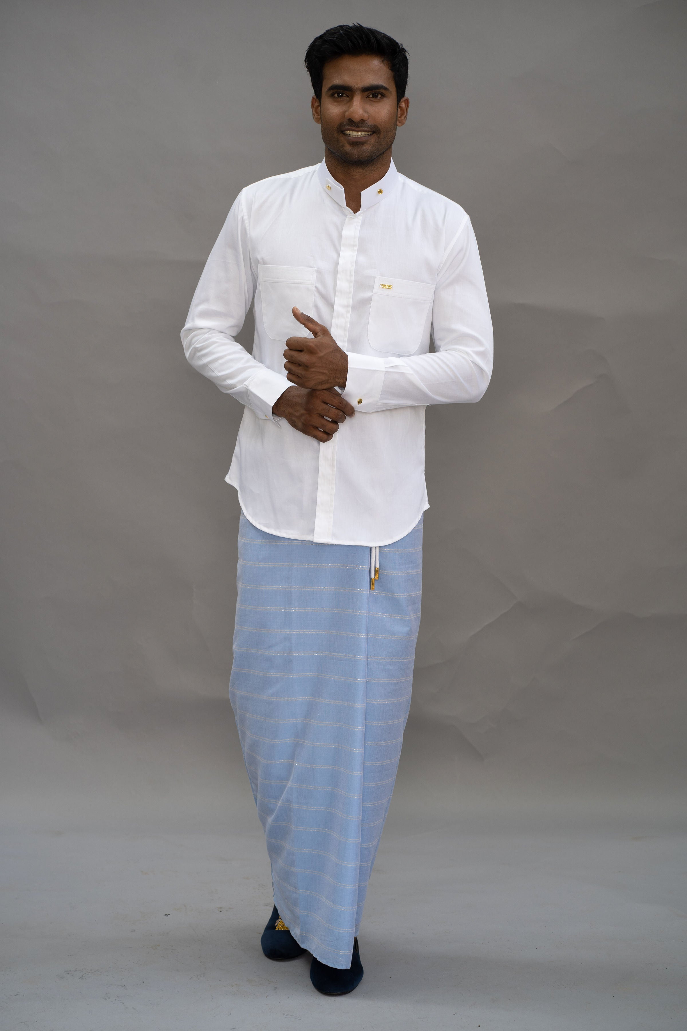 LOVI White Cotton Long-Sleeve Sport Shirt with Hand Embroidery