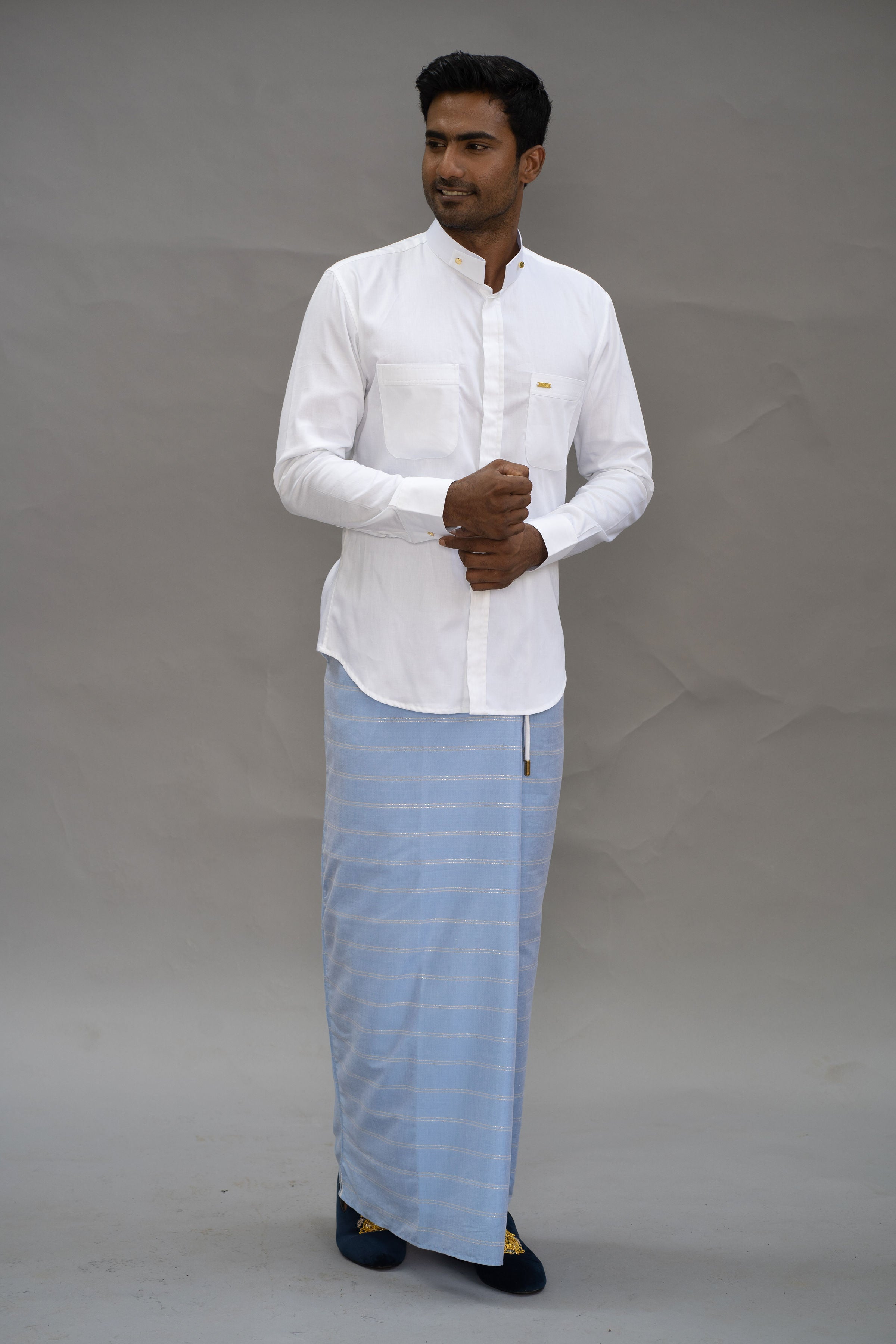 LOVI White Cotton Long-Sleeve Sport Shirt with Hand Embroidery