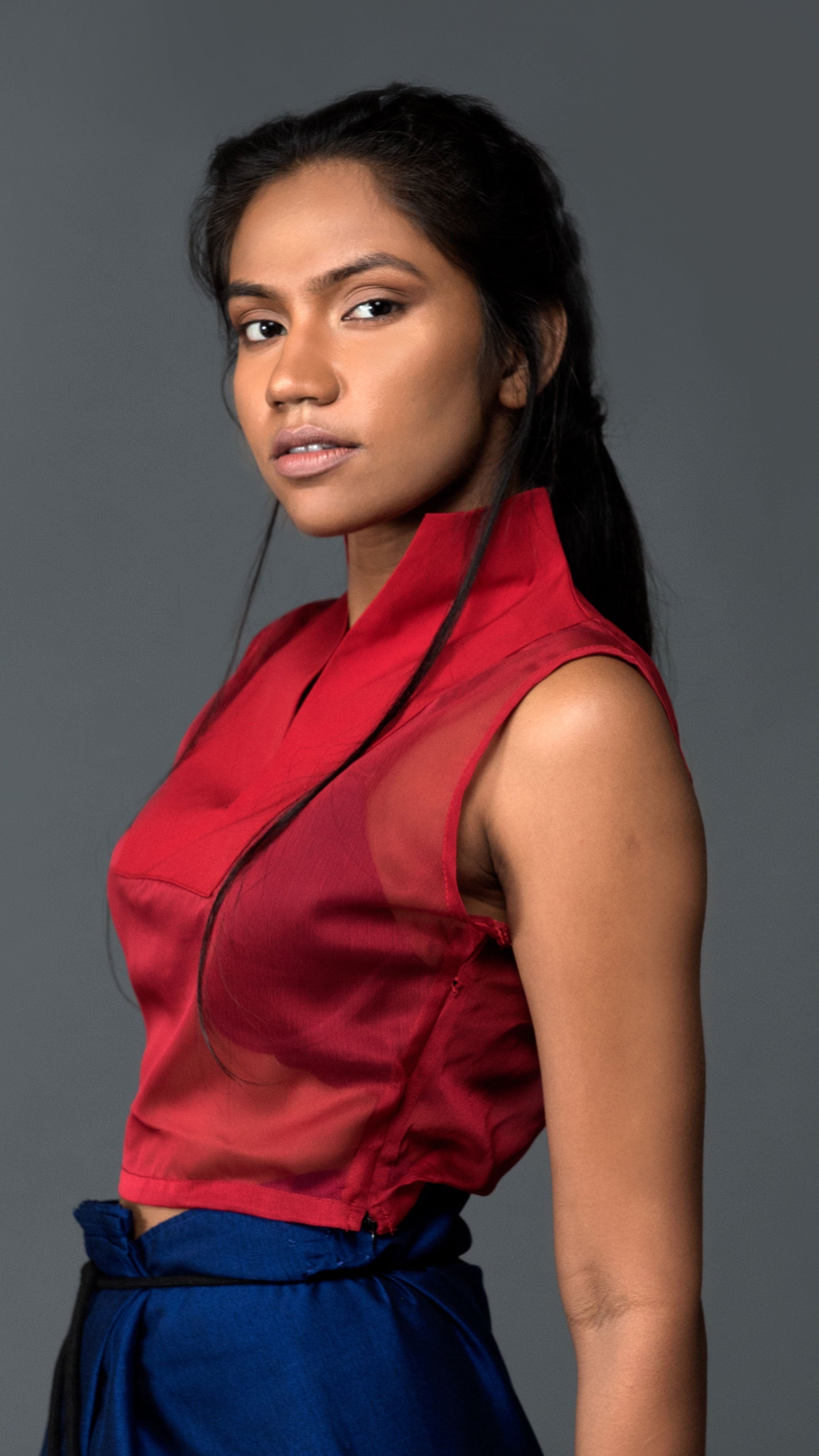 Tuxedo Sleeveless High Neck Sheer Top