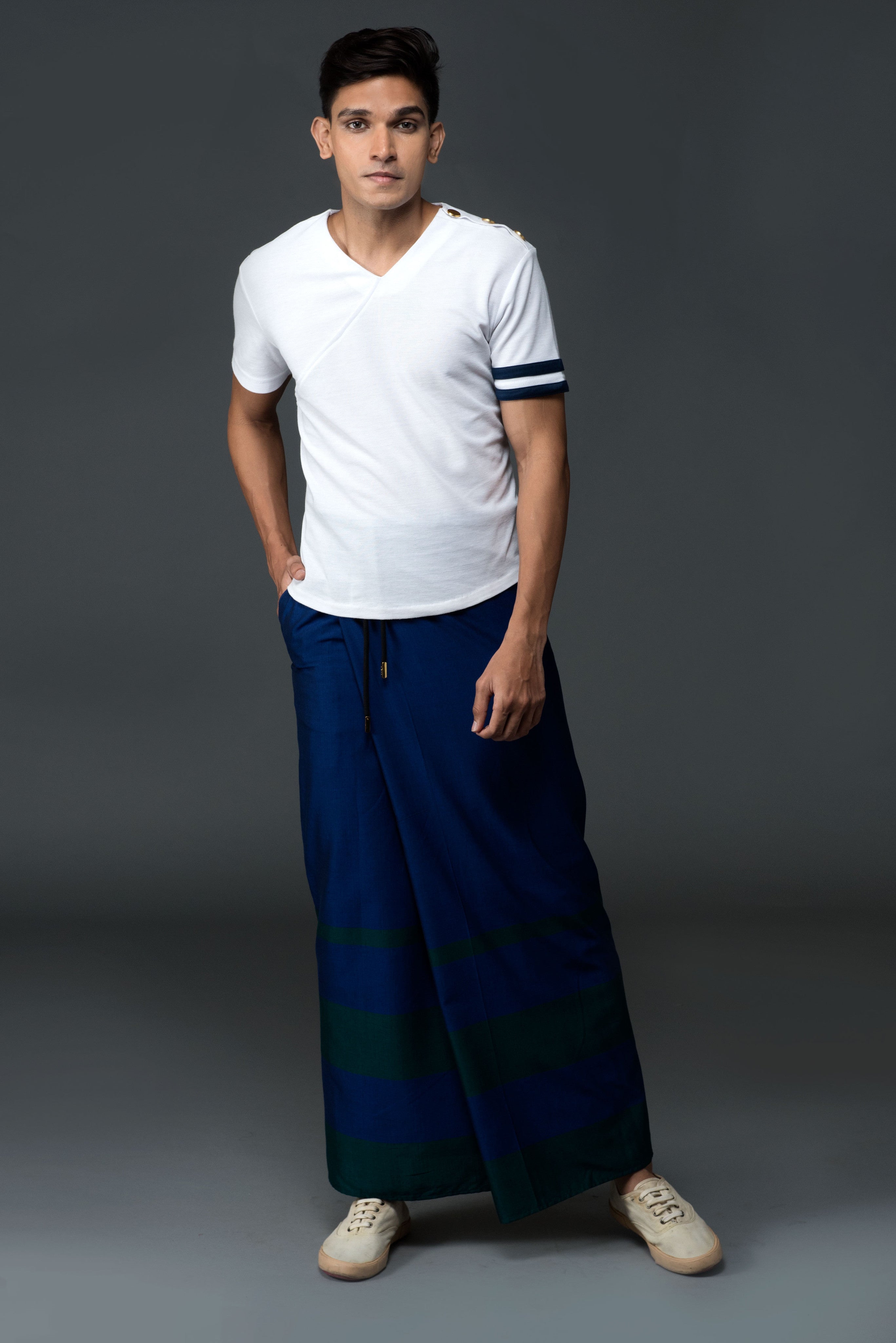 Rugby Sarong. Blue With Emerald Stripes