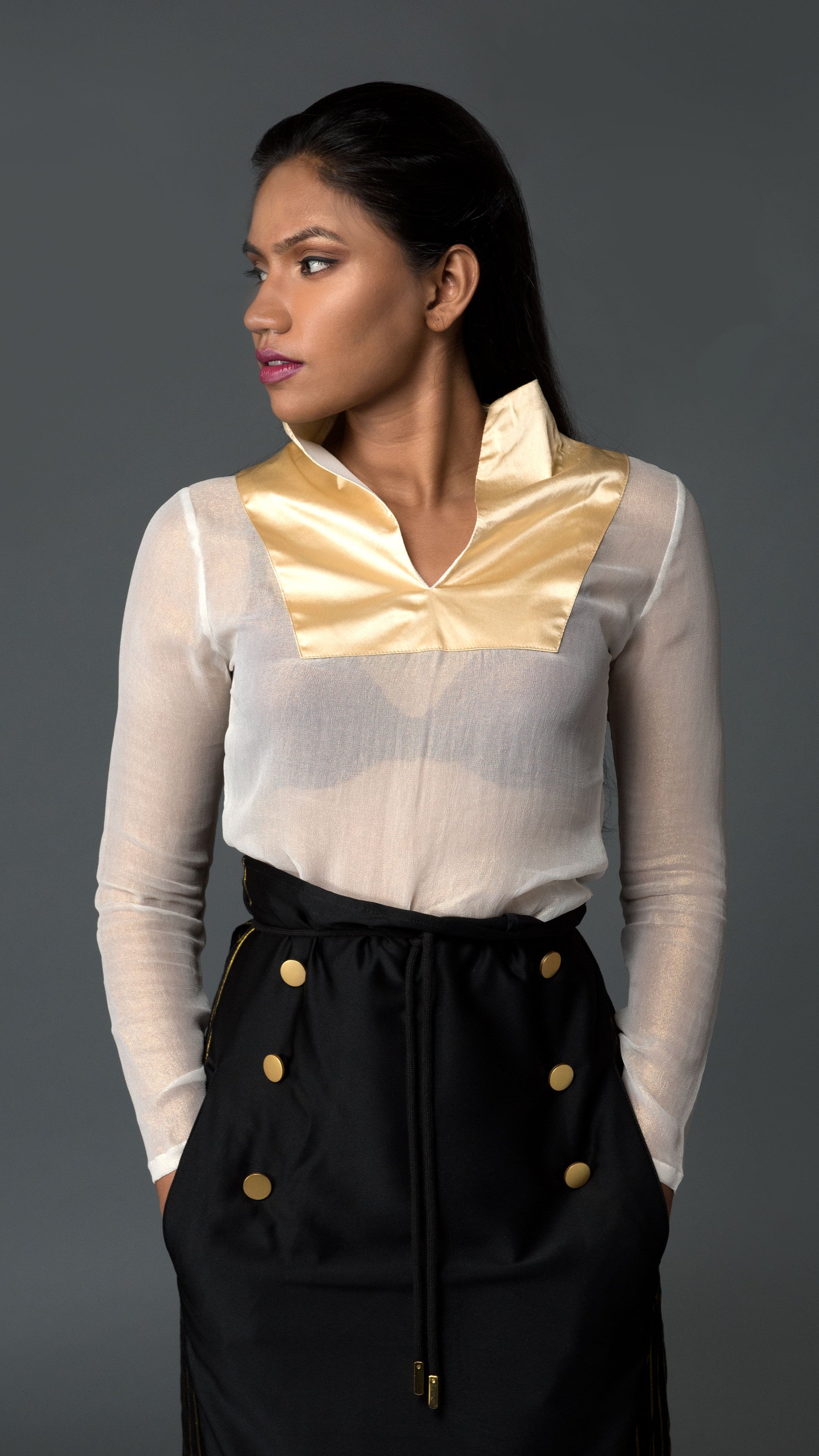 Tuxedo High Neck Sheer Top