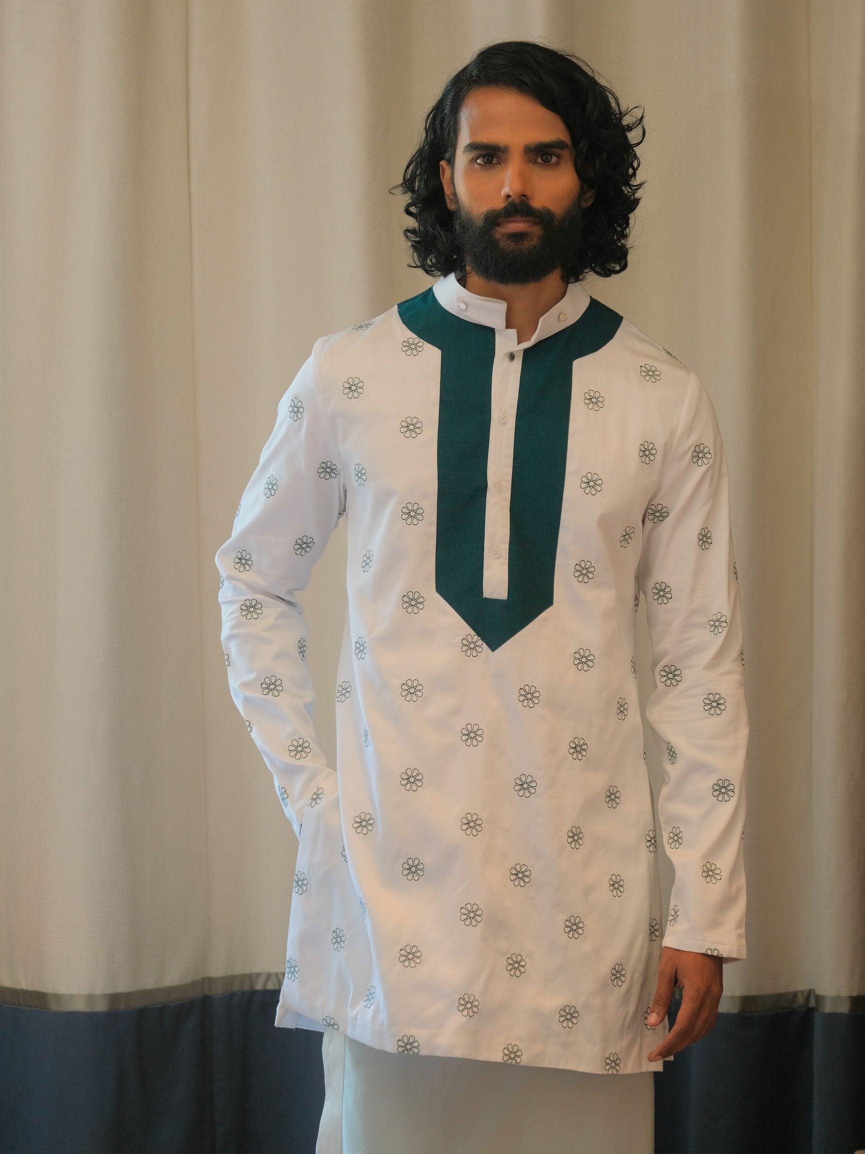 Full Embriodered Sal Mal Cotton Kurta Shirt & Grey Pure Silk Sarong