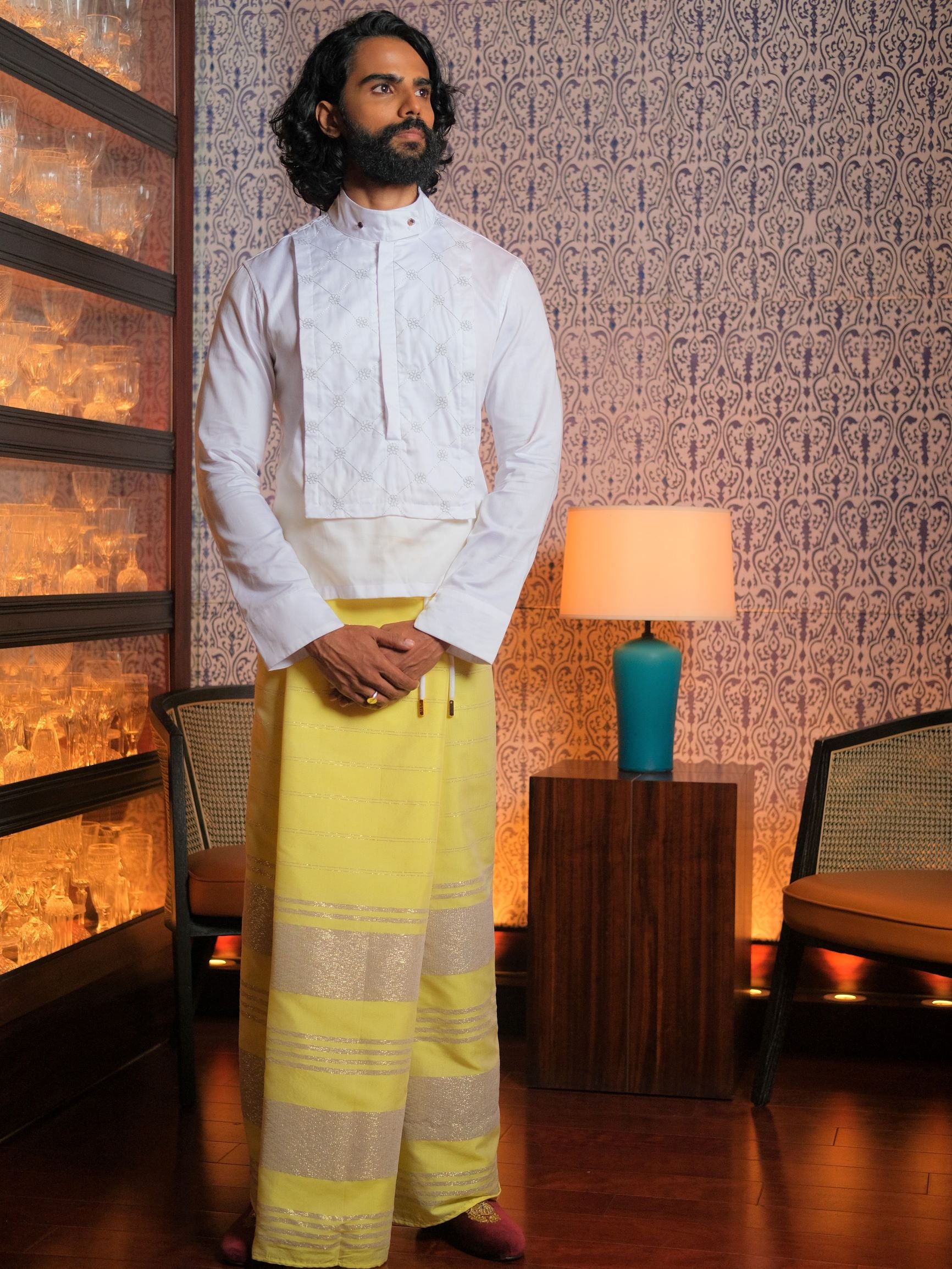 Gold Threaded Handloom Rayon Sarong & Cotton Admiral Sal Mal Embroidery Shirt