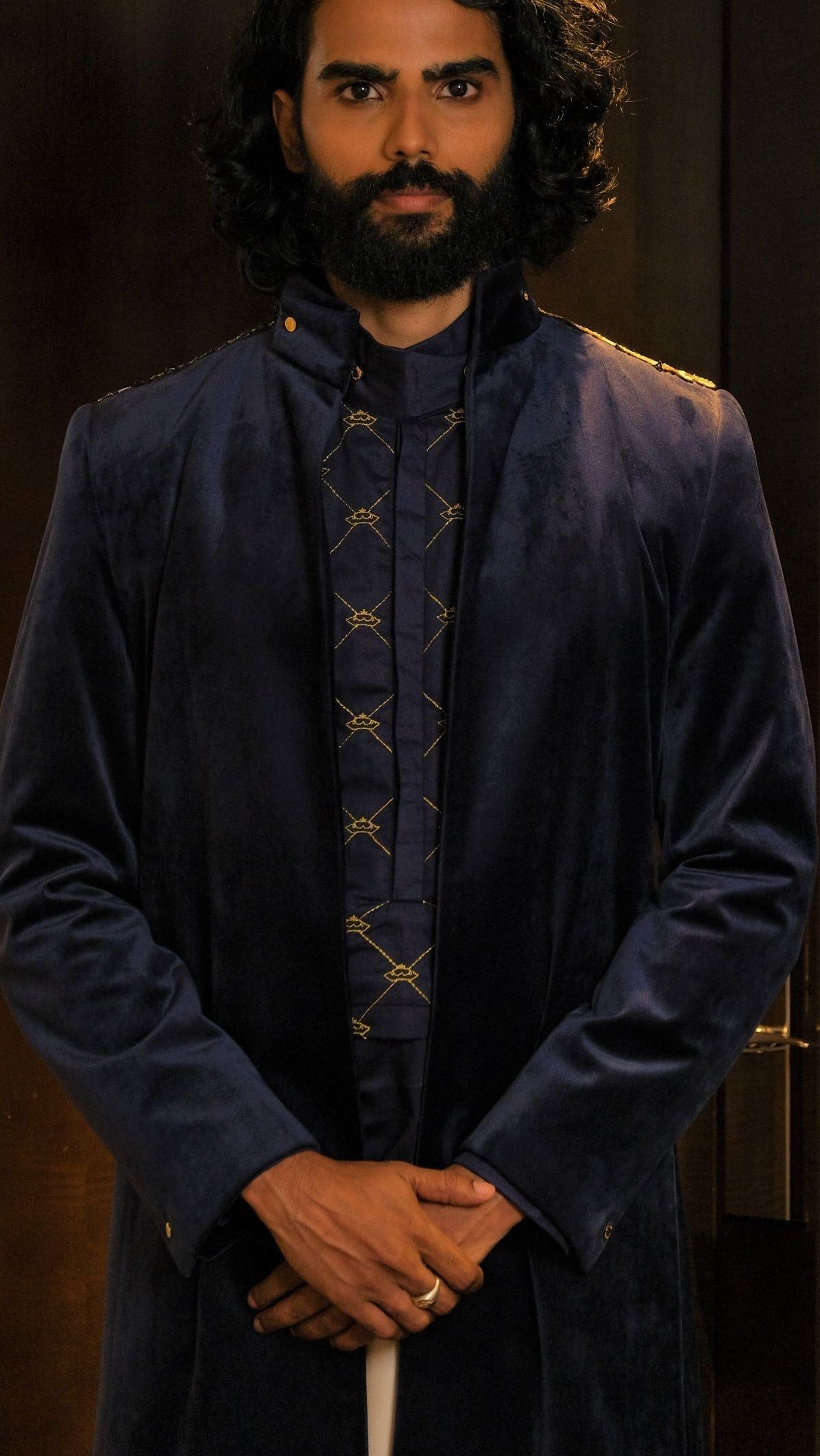 Navy Velvet Jacket with Crown Panel Shirt & Beige Silk Sarong