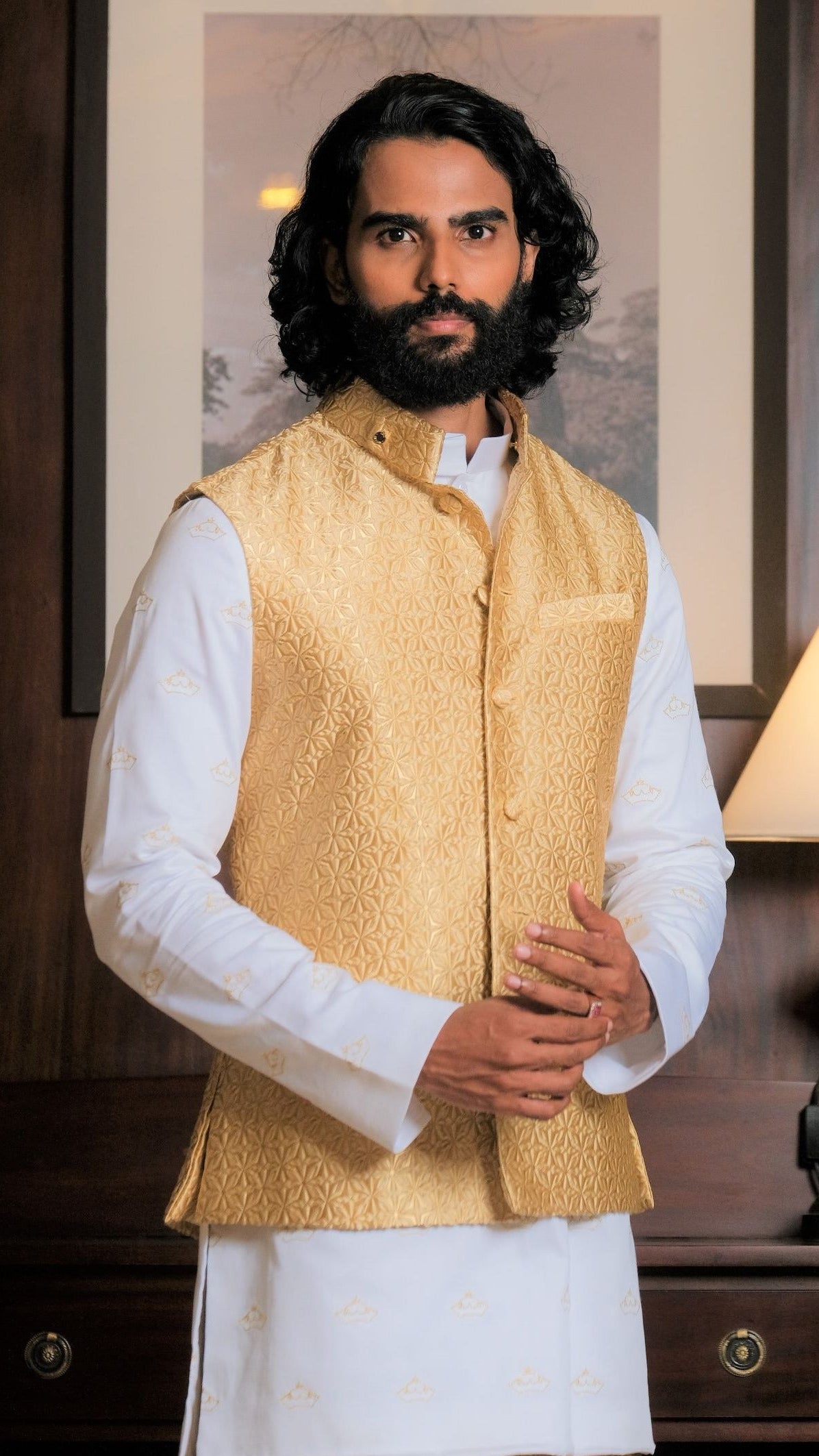 Gold and White Kurta Shirt x Gold Silk Sarong