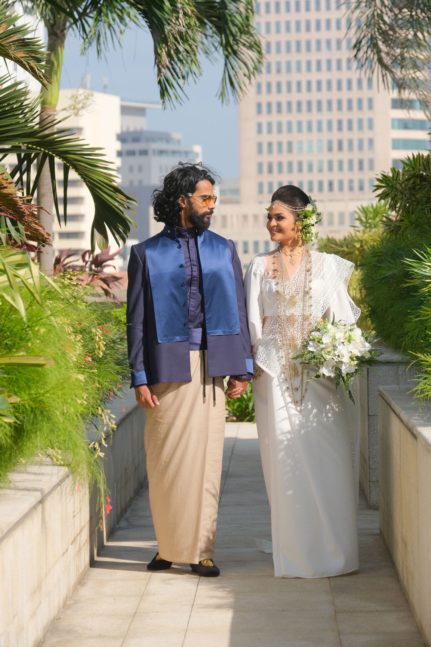 Navy Silk Panel Jacket x Beige Cotton Sarong