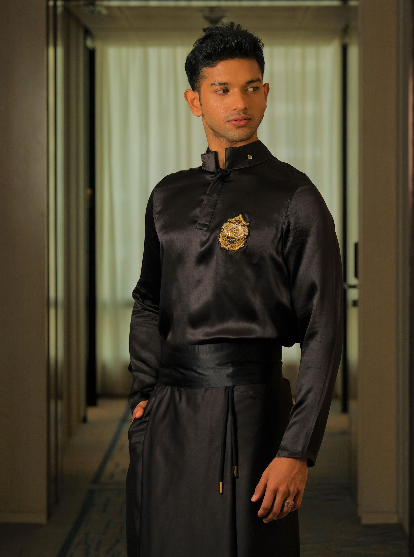 Crest Silk Shirt and Sarong in Black