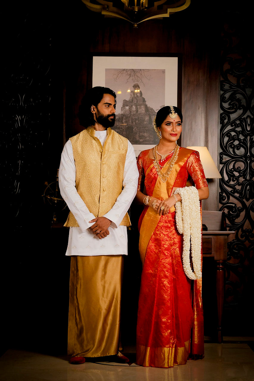 Gold and White Kurta Shirt x Gold Silk Sarong